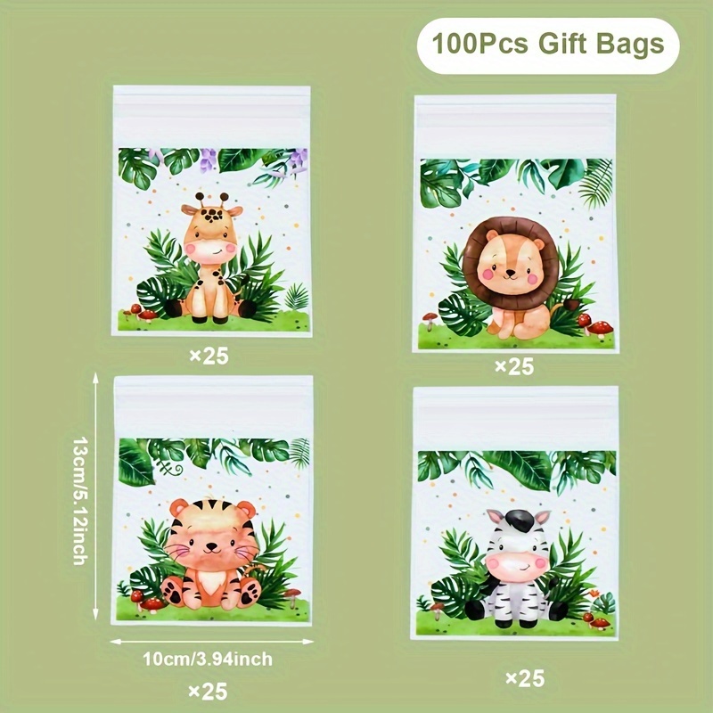E-shop 100 Stück, Dschungeltier Transparente Beutel, 10 x 13 cm, Plastik Verpackungsbeutel, Grünes Wald Thema Party Deko, Happy Birthday Party