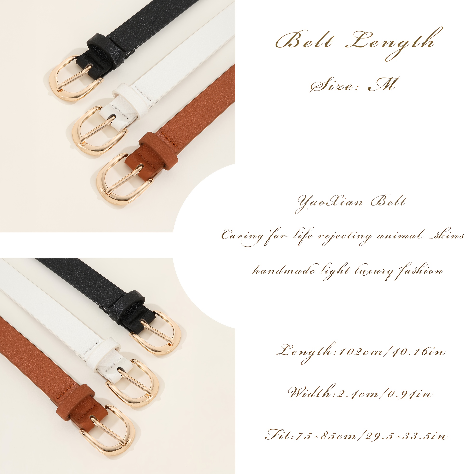 3pcs Women's Belts w/ Golden Tone Buckles & Brown Textured Pattern