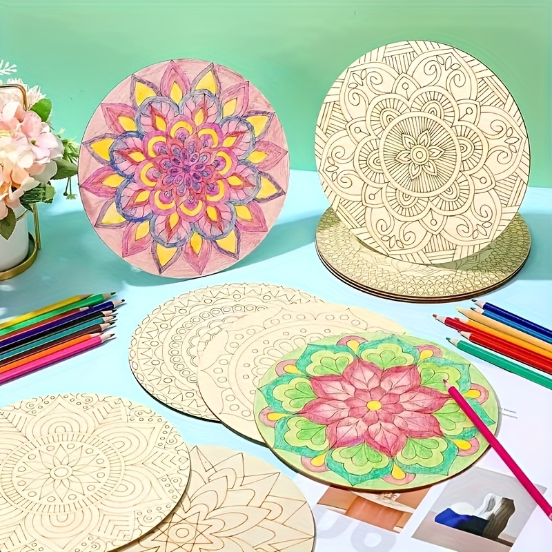 TEMU 2d Flat 6pcs Mandala Painting Wooden Craft Kit, Made Of Premium Materials, Clear Lines Easy To Draw, Multifunctional Decorative Artificial Wood