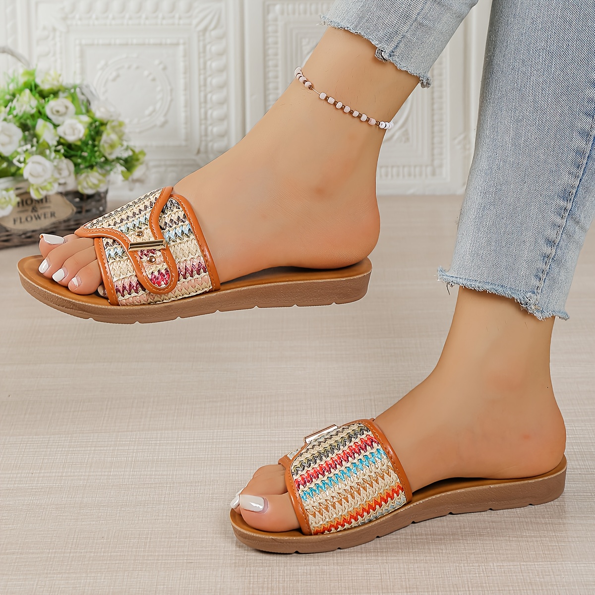 womens summer slip on sandals non slip cushioned insoles breathable open toe flat shoes with pastel colors beige   orange teal purple black white red golden pu sole for beach casual   clean footwear beach essentials woven pattern soft material casual wear Product details 8
