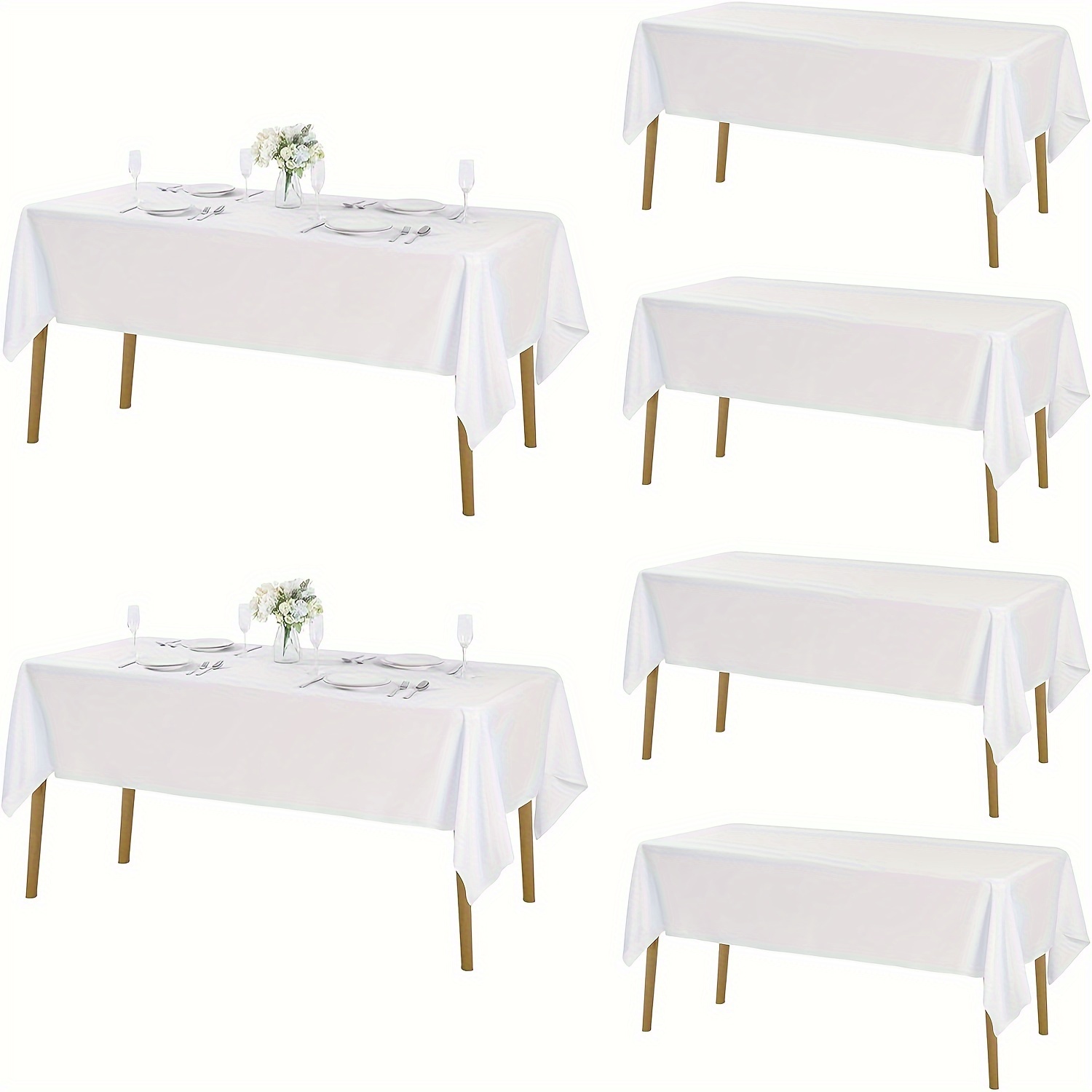 6pcs Elegant White Polyester Tablecloths - Wrinkle Resistant, Washable Rectangular Covers For Weddings, Parties, And Home Use