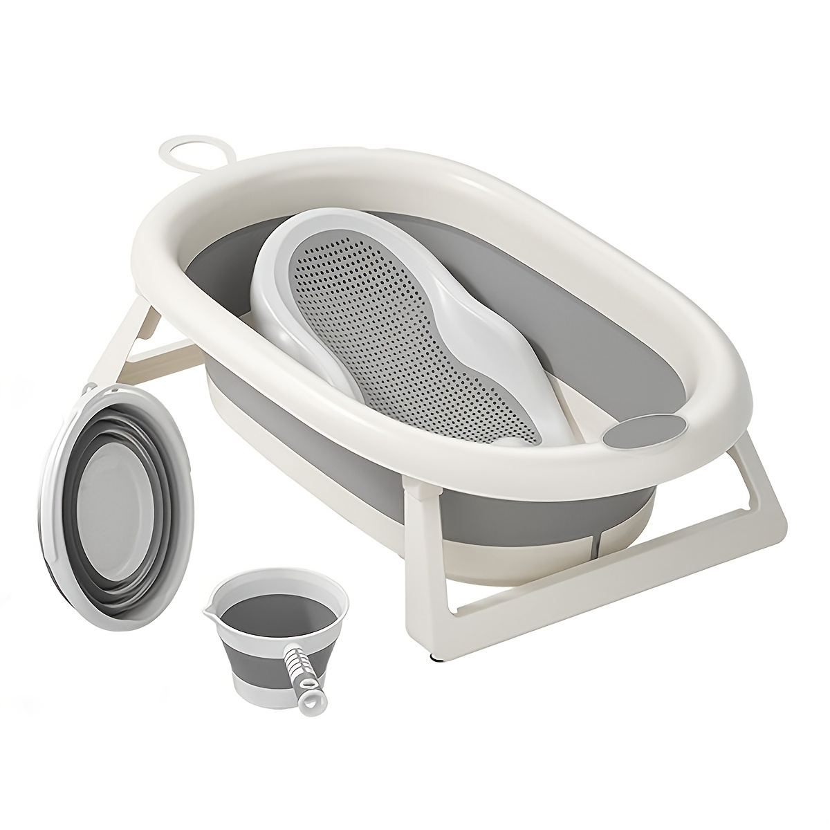 Baby Large Bath Tub for Children, Plastic Folding Bathing Basin, Foldable Soaking Tub That Can Be Used for Sitting Or Lying Down, Includes a Folding Bath Rack, Folding Water Bucket, And Folding Water Scoop in a 4pcs Set