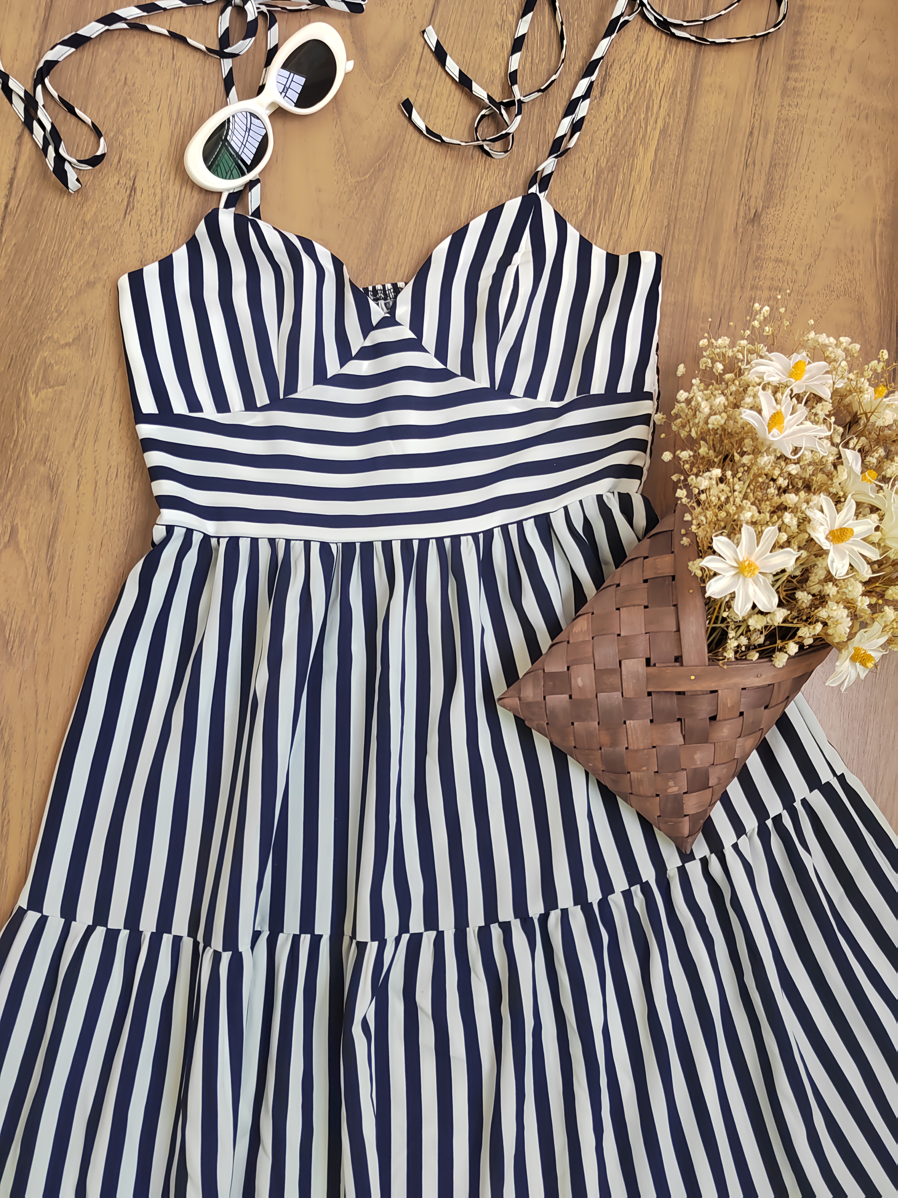 elegant blue white striped halter dress tie back detail - Temu United Arab  Emirates