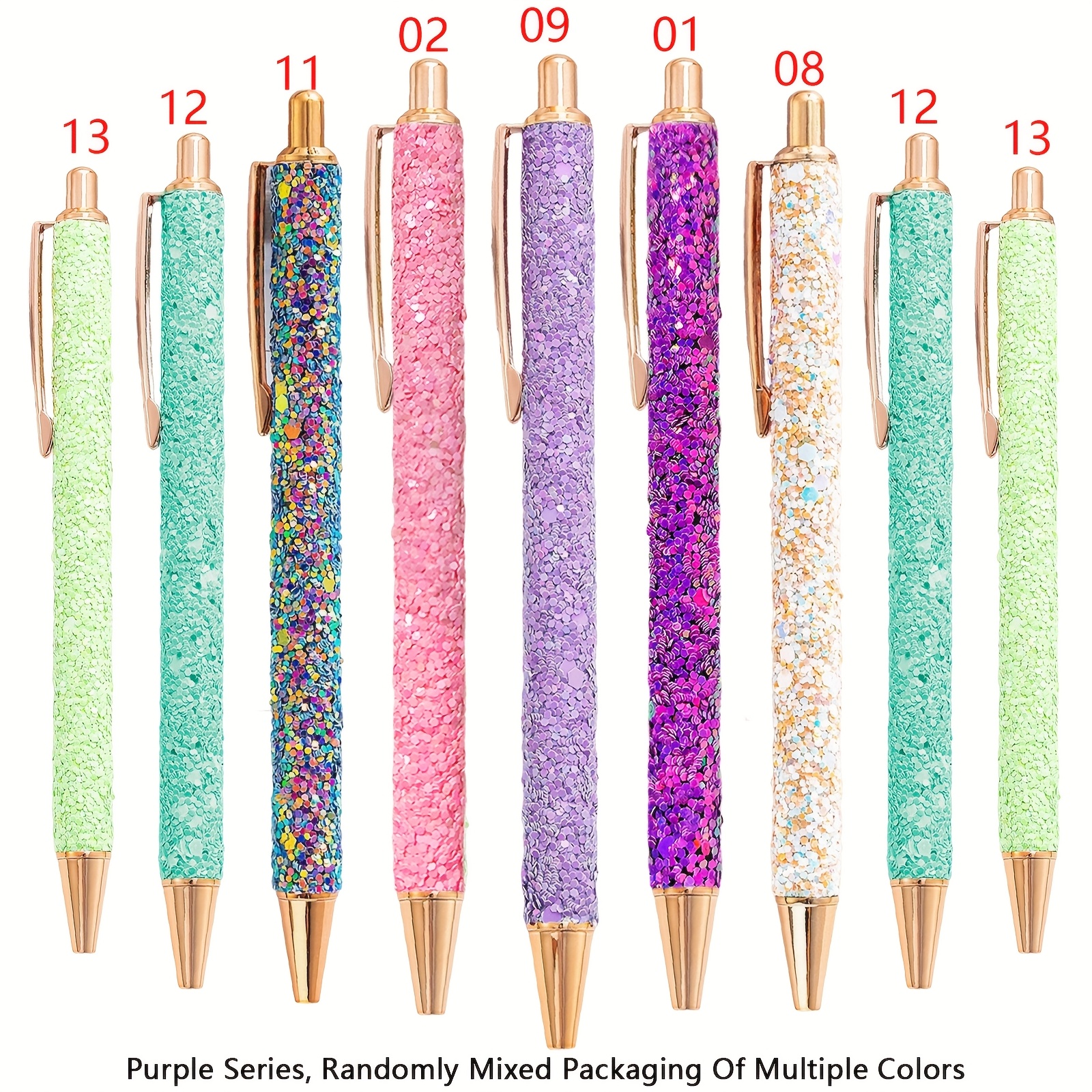 Image of 9pcs Random Pens For Women Glitter Colorful Ballpoint Pens Metal Retractable Pens Black Ink Medium .0 Mm Pretty Cute Sequins Pens Journaling Pens For Women Girls, The Perfect Campus Opening Gift