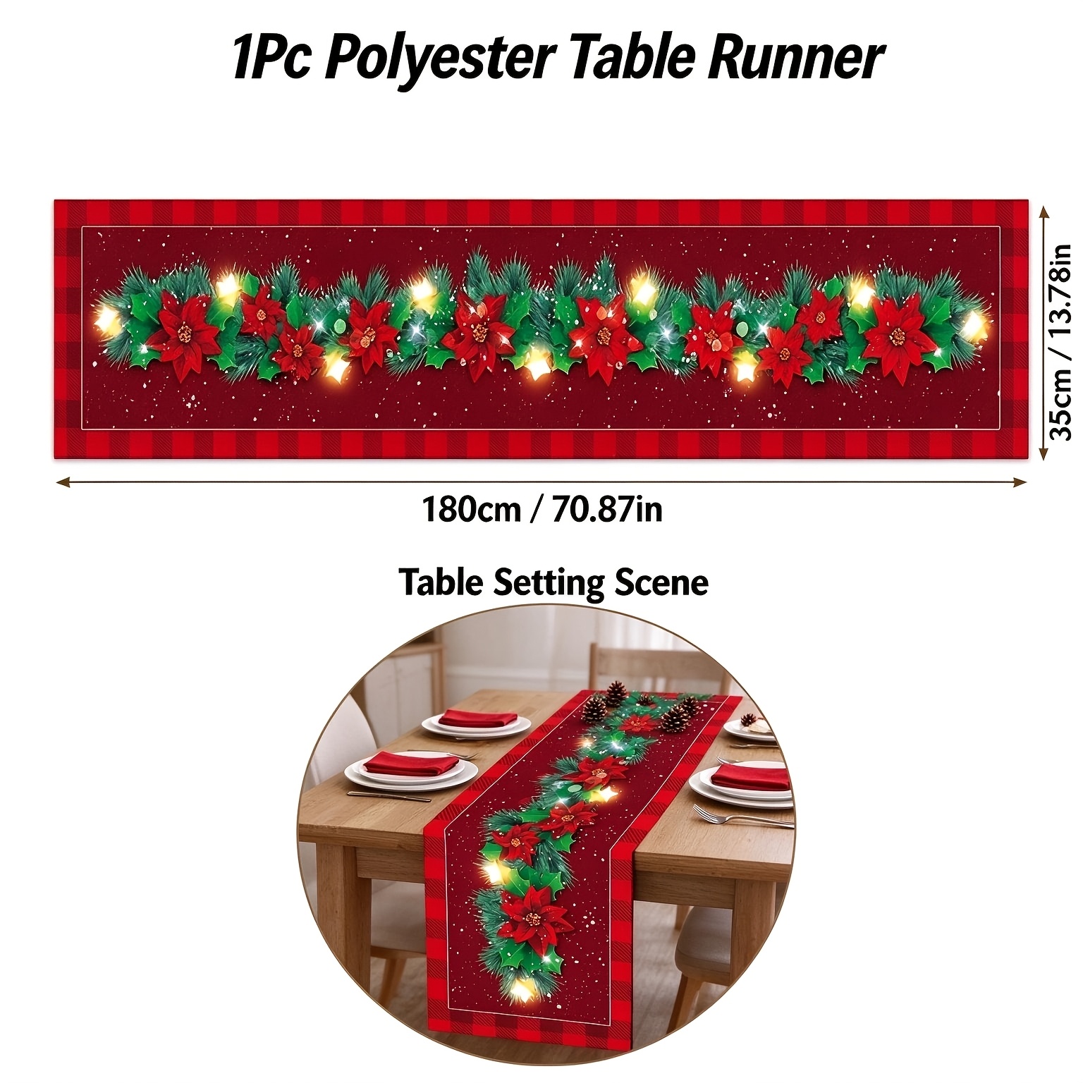 TEMU 1pc, Christmas Red Table Runner, Party Tablecover, 13.78*70.87inch, Red Poinsettia Pine Garland Design Polyester Table Runner, Table Decor For