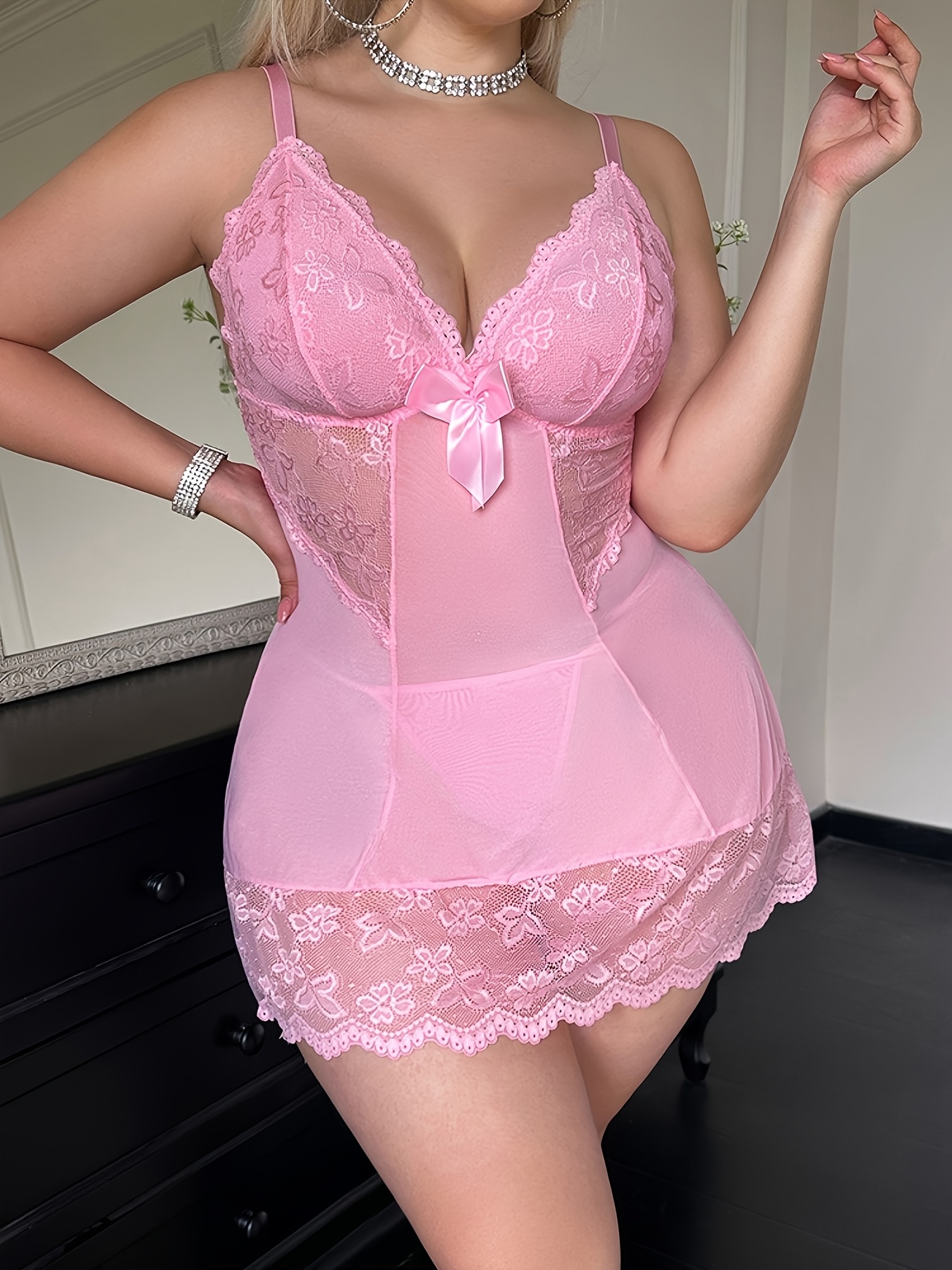 New Plus-Size Sexy Lace Camisole Dress Nightgown + Thong Set