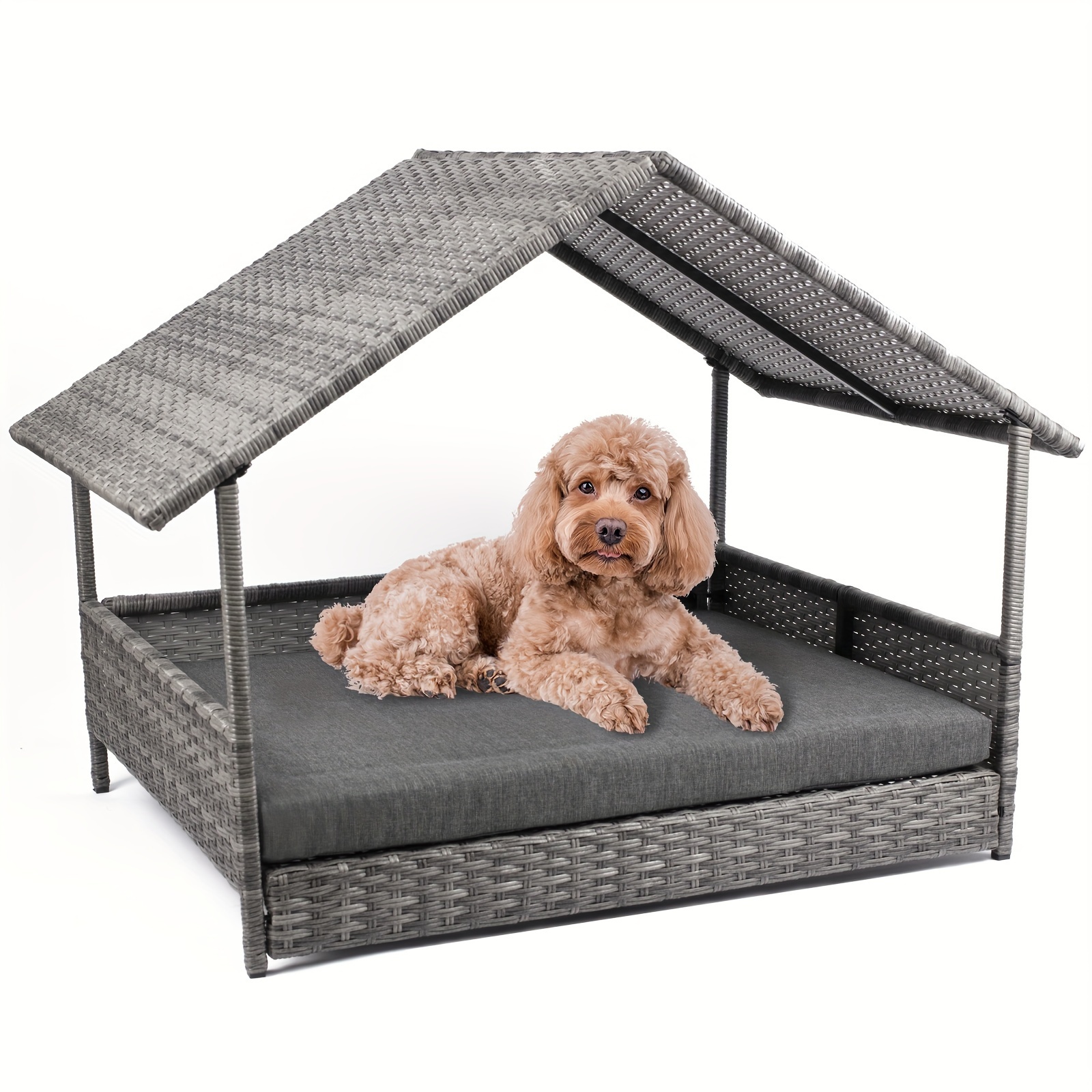 Wicker Dog House, Elevated Rattan Dog Bed With Canopy, Large Outdoor Dog House With Cushion, Outdoor Rattan Dog House For Small, Medium, And Large Dogs With Protective Cover
