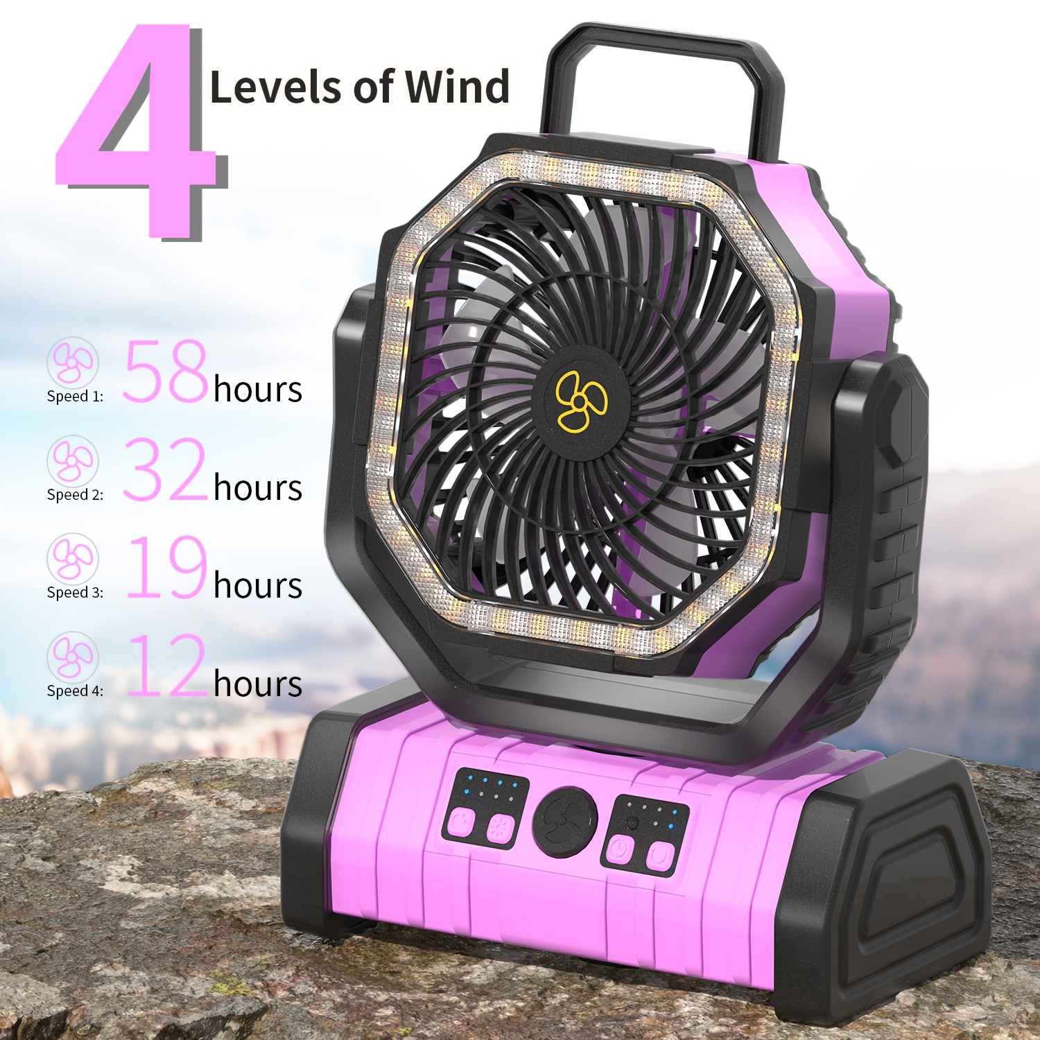 TEMU 20000mah Camping Fan, Battery Powered Fan, Rechargeable Portable Outdoor Tent Fan, With Led Light, Remote Control, Hook, Wireless, 4 Wind ,