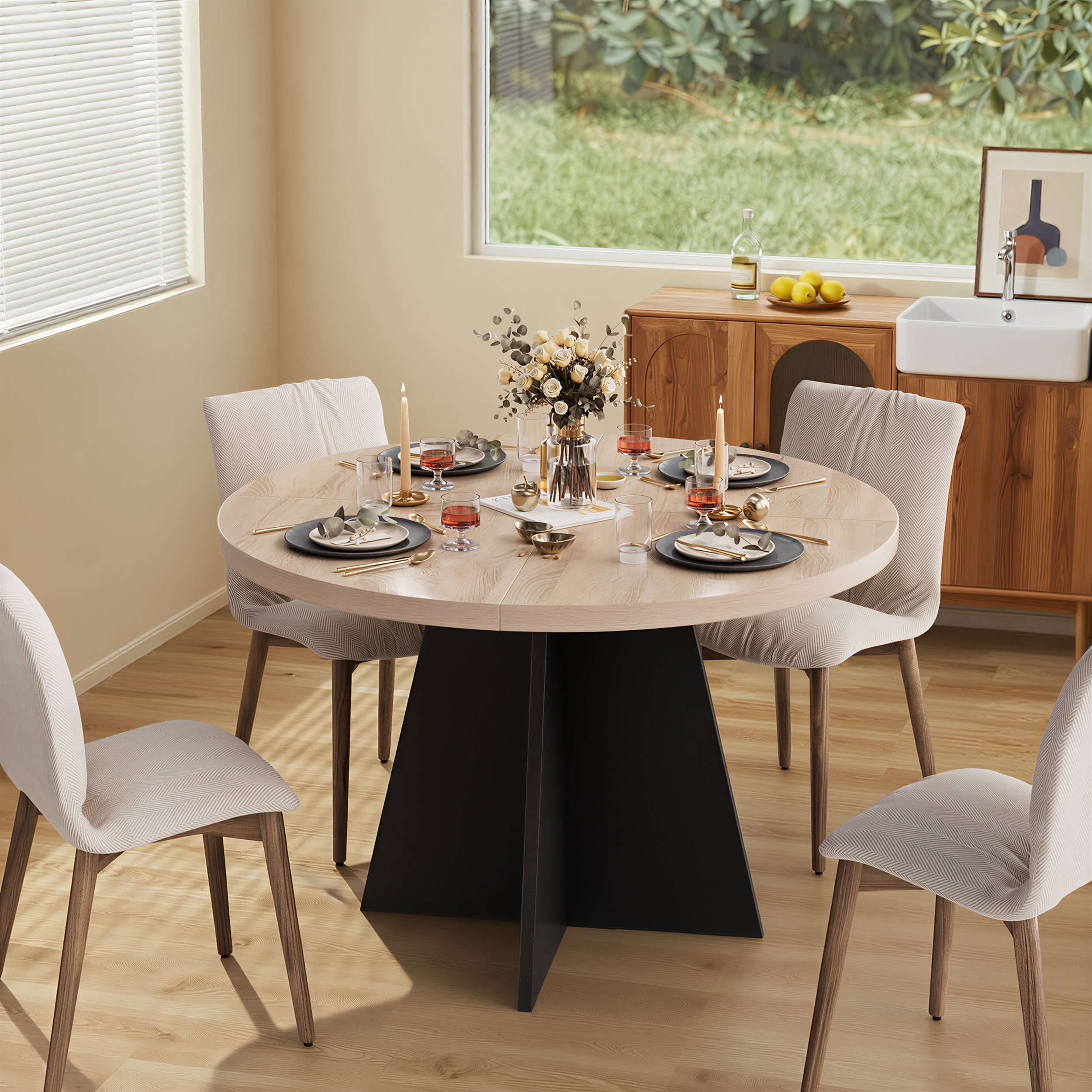 Image of Four-person Round Dining Table Suitable For Dining Room, Kitchen, Living Room - Retro Industrial Modern Wood Table With Sturdy Black Cross Base, Round Top, Assembly, Space- For Small Homes