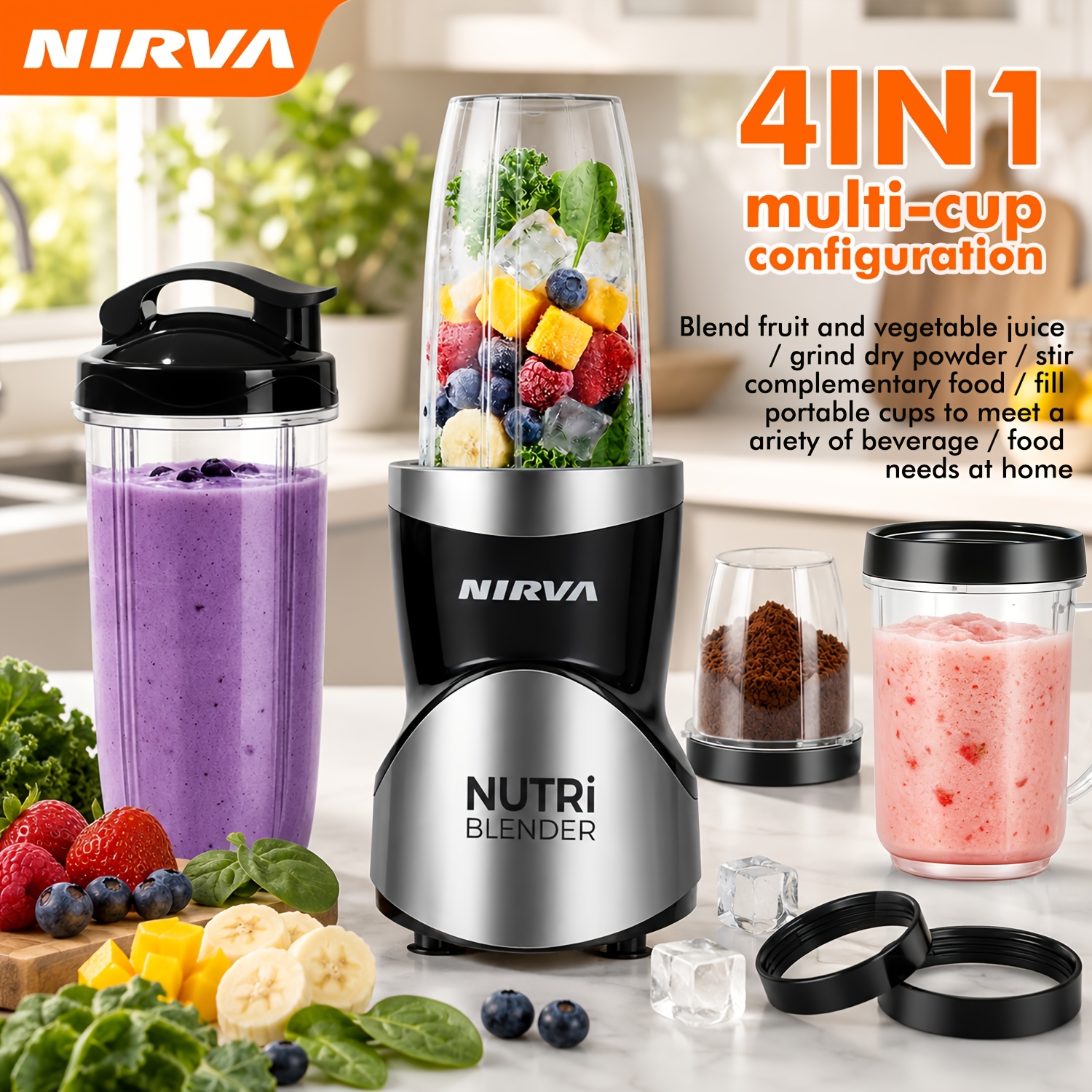 Nirva Electric Nutri Smoothie Maker, 4-in-1 Portable Juicer With Blending & Grinding , Multiple Cups For , Spices, Coffee & Drinks