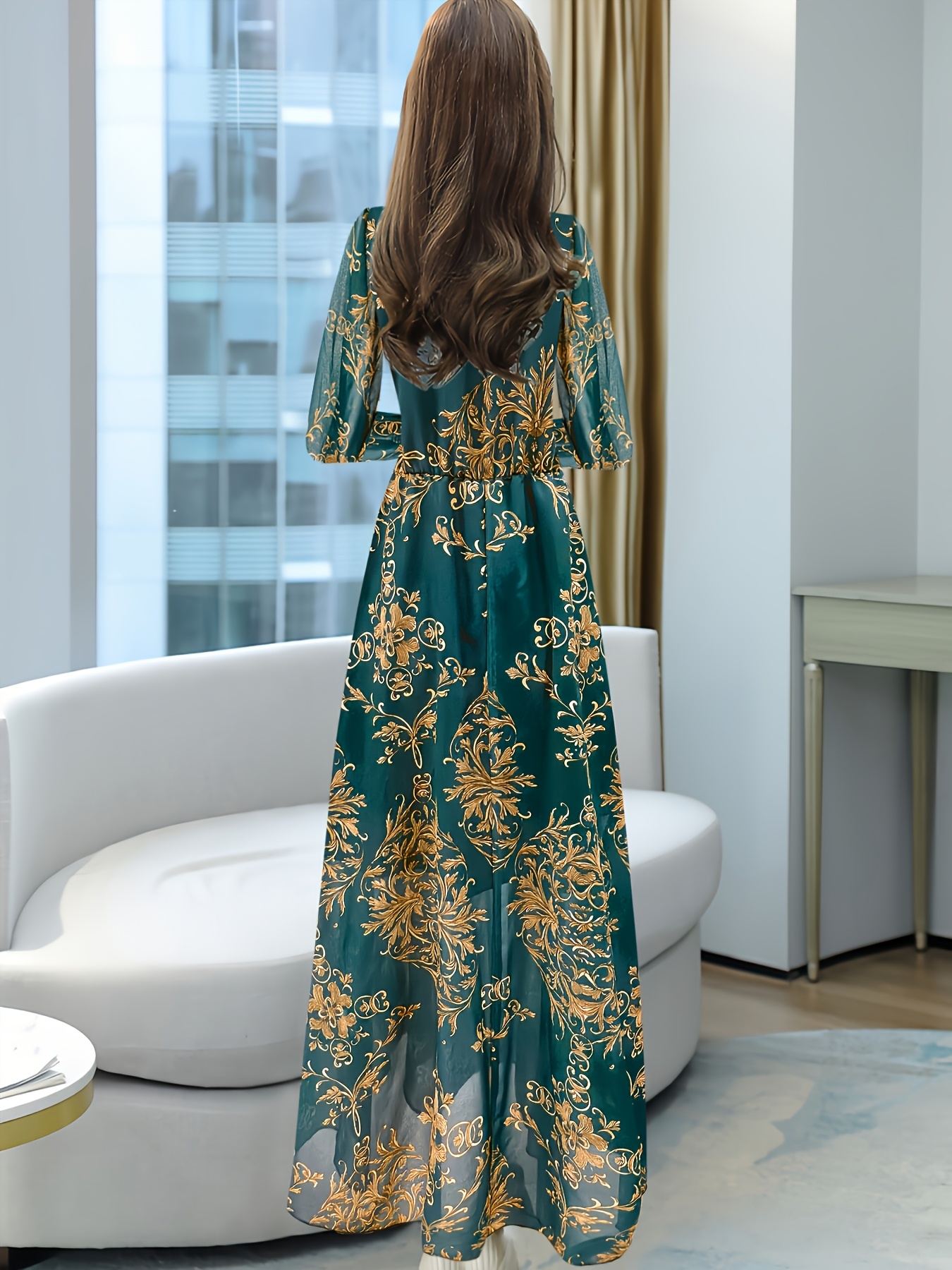 Emerald green floral print chiffon maxi dress with square neck A line sleeves and ruffled hem