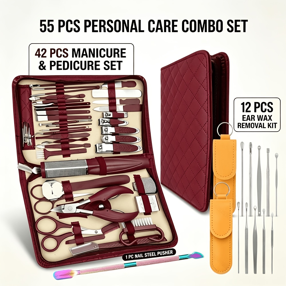 Image of 55pcs Manicure Pedicure Set, 42pcs Nail Care Kit +12pcs Ear Wax Removal 1pc Nail Steel Pusher, Stainless Steel Nail Clipper Tools With Portable Case, Travel Personal Grooming Kit For Men Women