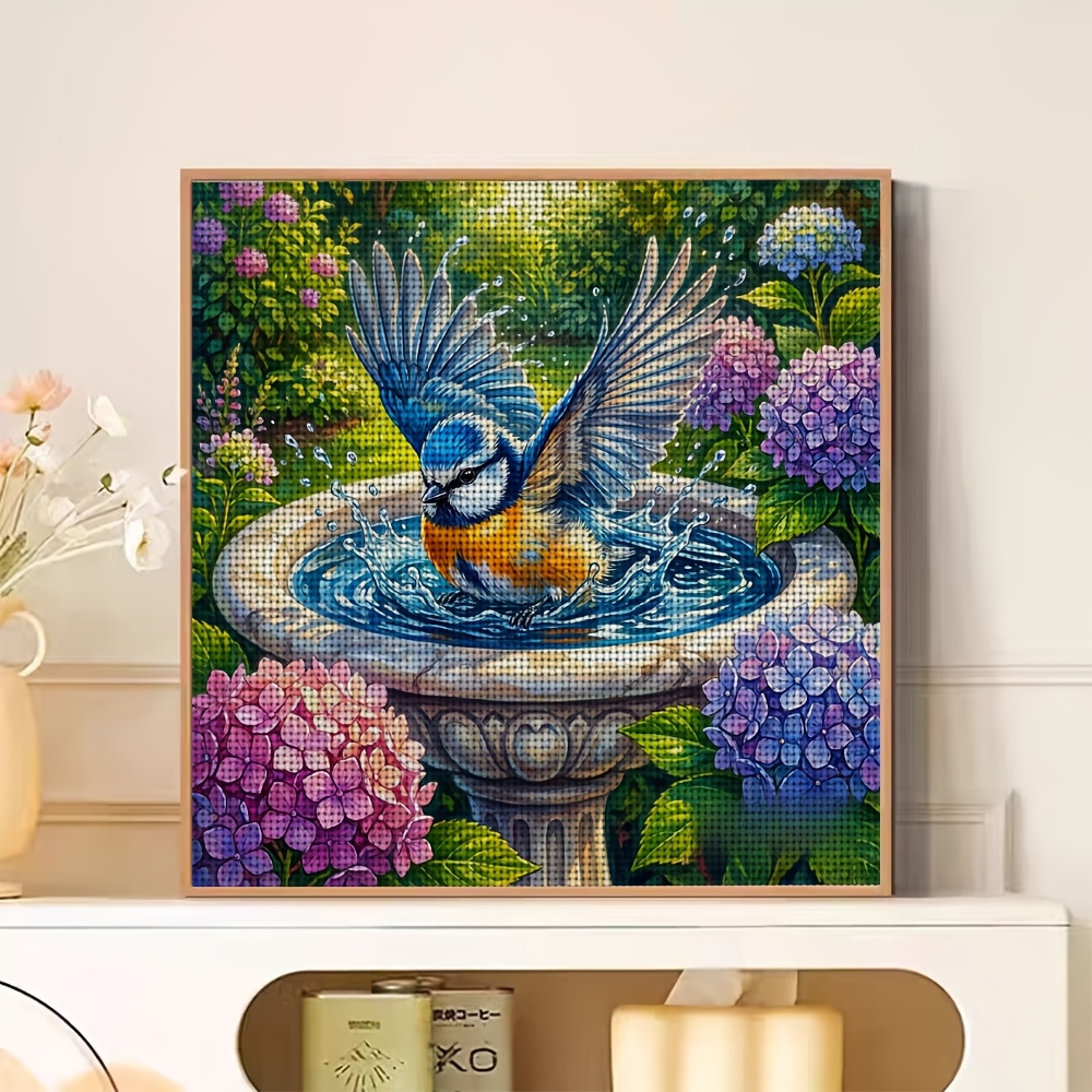 New Frameless Cross-stitch Printed Kit, Blue Bird in Bathtub
