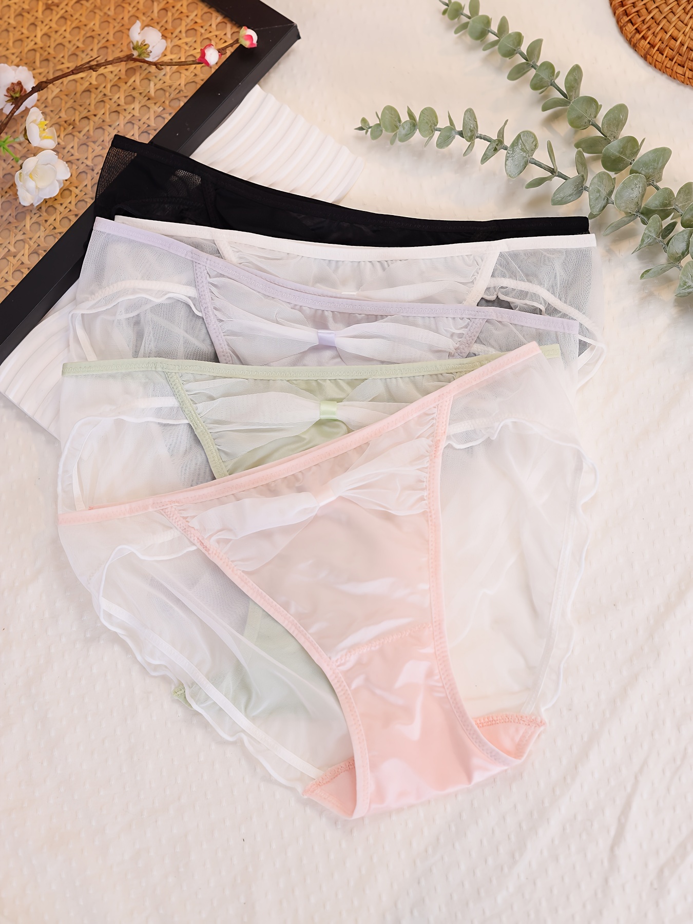 Sexy Mesh Thin Transparent Cross Strap Lace Dot Breathable Women's Panties  Elasticity Retro Elegant Female Underwear Breifs