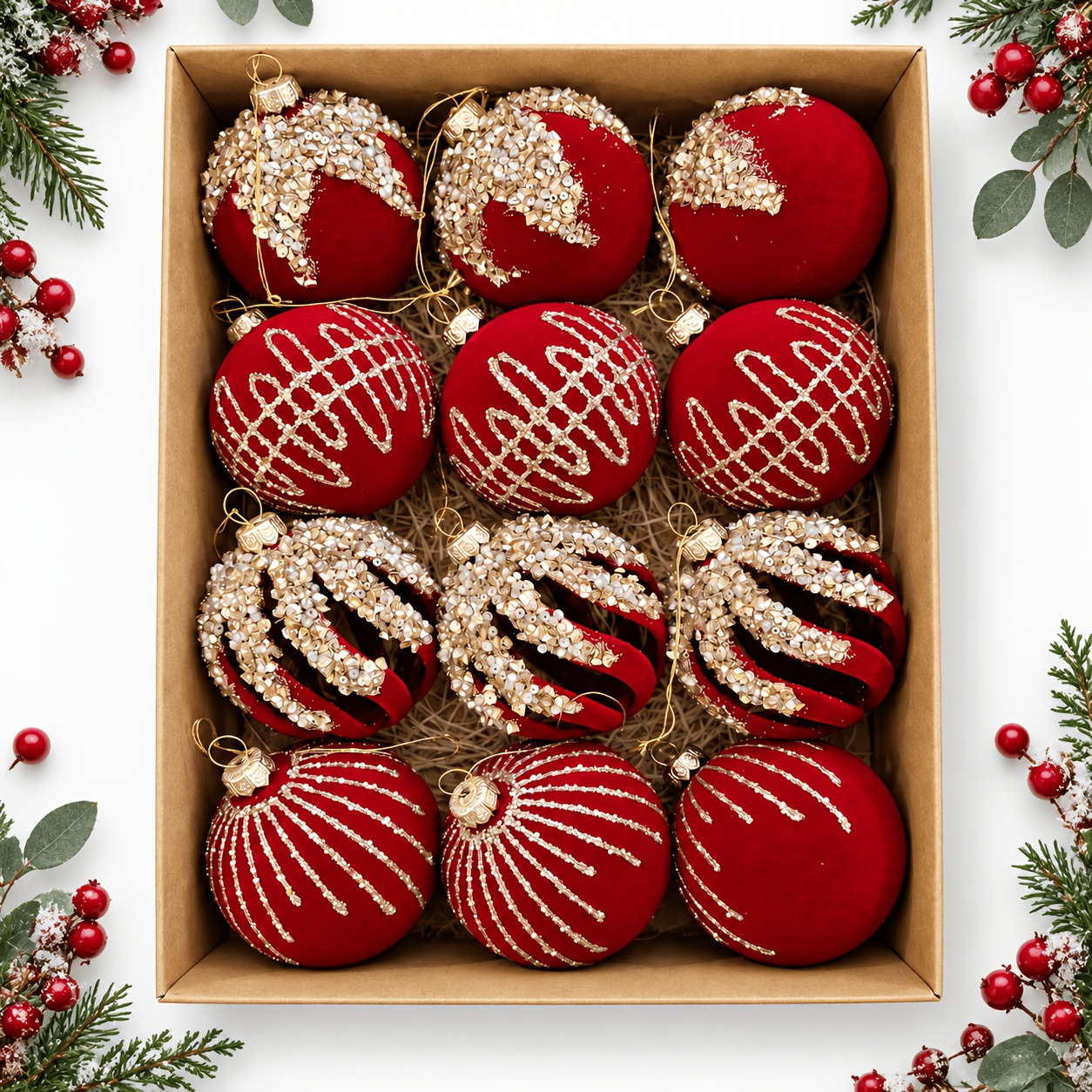 TEMU 12pcs Burgundy Velvet Christmas Ball Ornaments, 2.36in Shatterproof Baubles With Golden Glitter Patterns, Elegant Hanging Christmas Tree