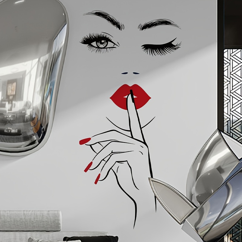 Image of Red- And Red-lipped Portrait Pattern Sticker, Removable Self-adhesive Wall Decal For Bedroom And Living Room Wall Decoration, Made Of Pvc
