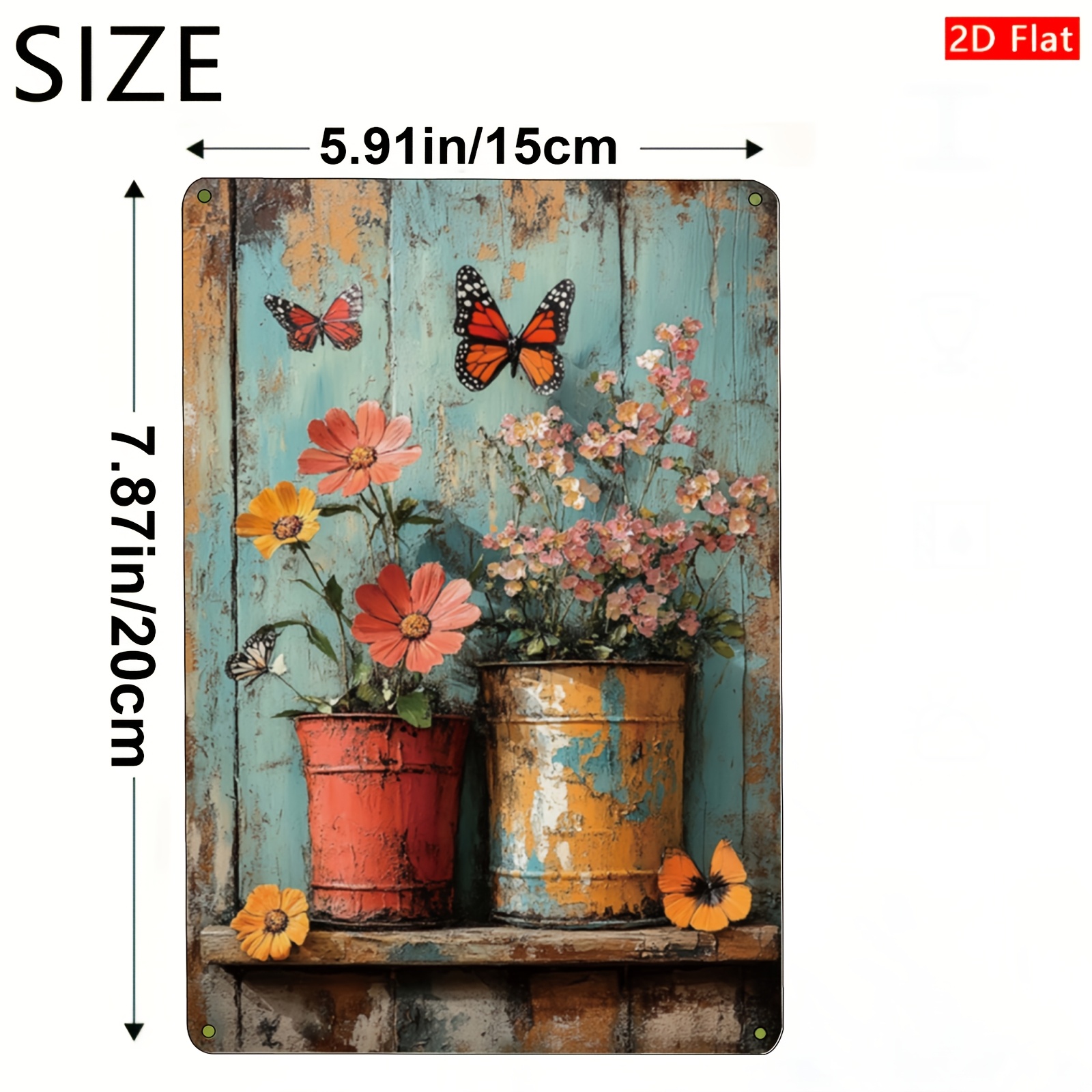 E-shop Eine lebendige florale und schmetterlingsförmige Metall-Wandkunst, Schild, rustikales Blumentopf-Design, geeignet für die Innen- und