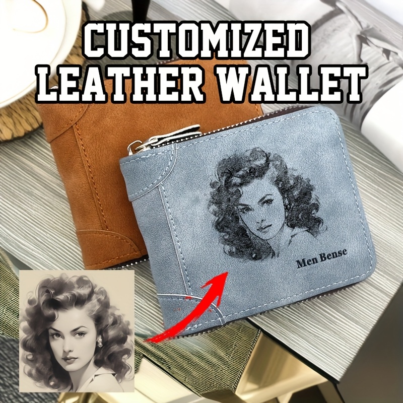 

1pc Customizable Leather Wallet, Personalized Photo Engraving, Men's & Women' Zippered Bifold, , , Ideal For Truck Drivers, Dad's Gift