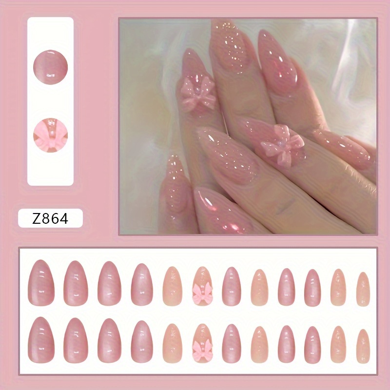 E-shop Kurze Mandelförmige Press-On Nägel mit Glänzendem Rosa Schleifen-Design - Wiederverwendbare Künstliche Nägel für Frauen, Einfach Anzubringen &