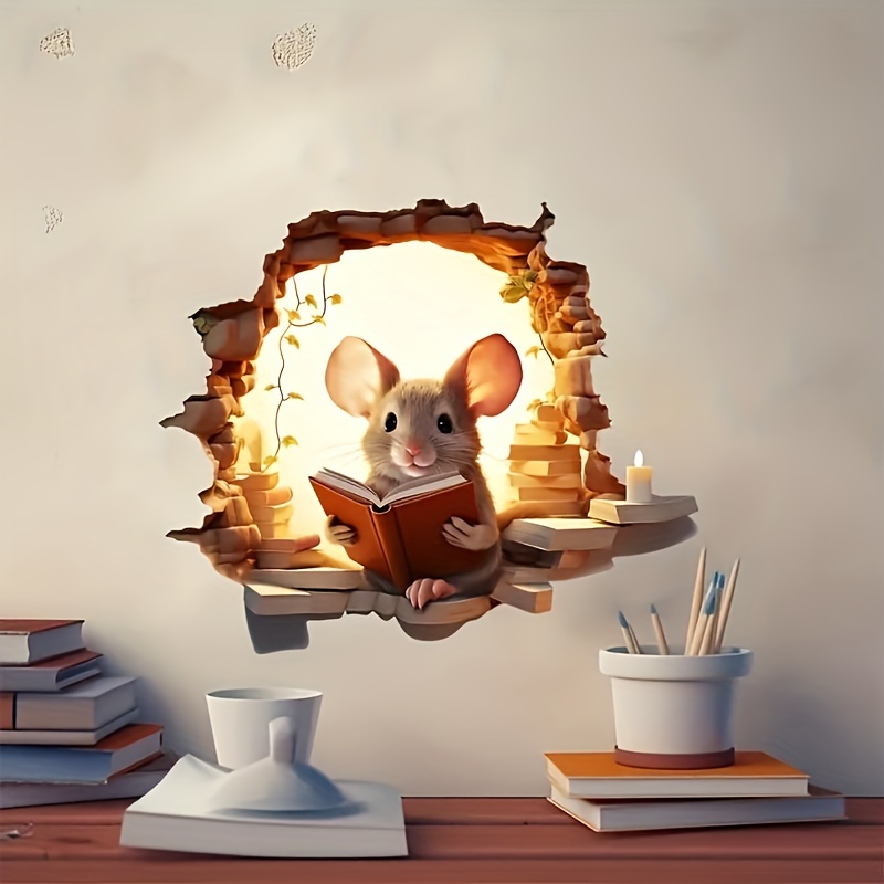 Adorable Reading Mouse Wall Decal - , Removable Animal Print For Living Room & Bedroom Decor