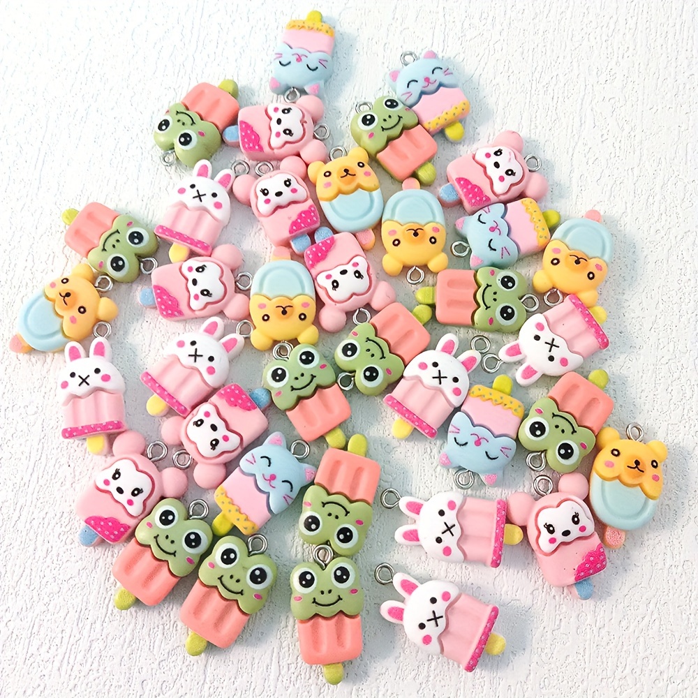 

10pcs/pack Resin Mixed Cute Cartoon Frog Rabbit Cat Bear Ice Cream Pendant Animal Charms For Diy Earrings Bracelet Key Chain Phone Chain Accessories Pendant