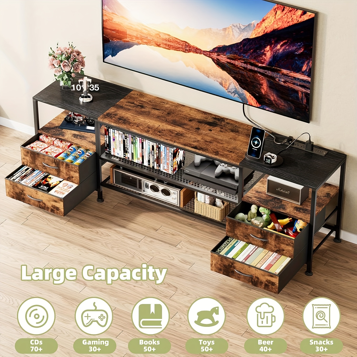 Vintage Oak TV Cabinet with 2 Drawers & 2 Open Compartments - 75 Floor-Standing Display Cabinet for Living Room, Bedroom, Office - 180x40x58cm, No  , Durable Wood Construction, Entertainment Center,  , Sturdy Construction,  