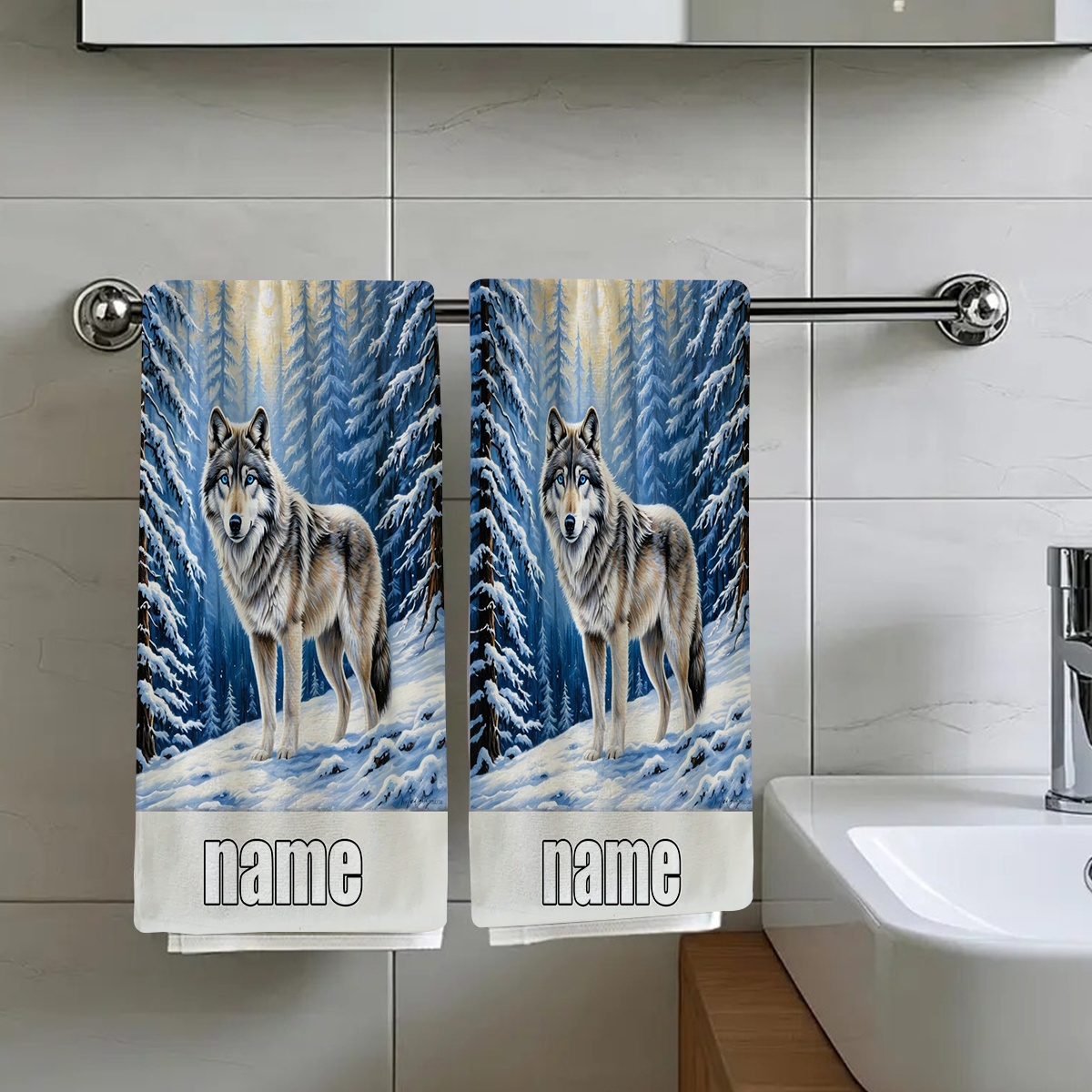 TEMU 2pcs, A Wolf Standing In The Snow Surrounded By Tall Pine Trees Under A Sky, Essential Travel Towel, Customizable Text Towel, Personalized Name