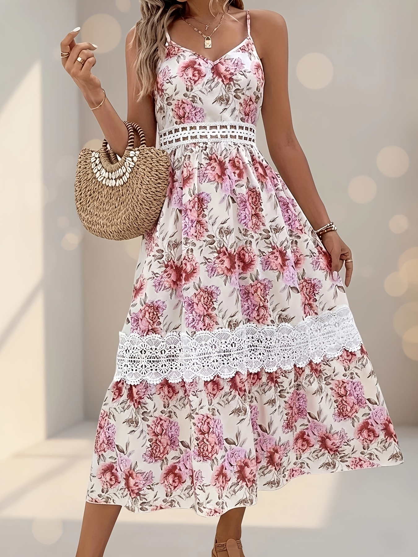 women's a line floral dress Beach Vacation Summer Lace Insert V-Neck Waist Cinched Flowy A-Line Sundress for Women color:Peacock Inspired Florals Back Detail Elegant Gown Teri Jon by Rickie