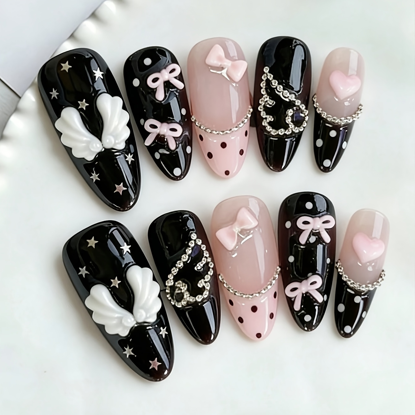 TEMU 10pcs Set Of Hand- Press-on Nails, Sweet And Edgy Black- With , Polka Dots, Three-dimensional Pink Bows, Hearts, Wings, And Rhinestone Chains,