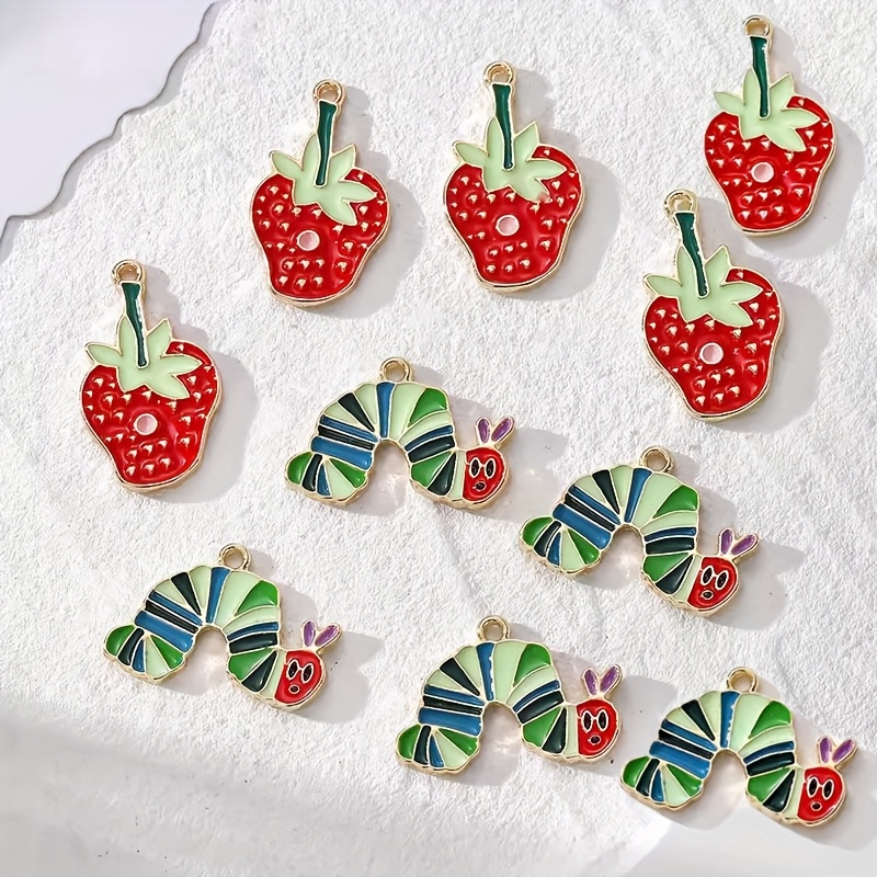 TEMU 10pcs Whimsical Strawberry & For Caterpillar Enamel Charms - Vibrant Alloy Pendants For Diy Earring & Jewelry Crafting, And Bug Designs