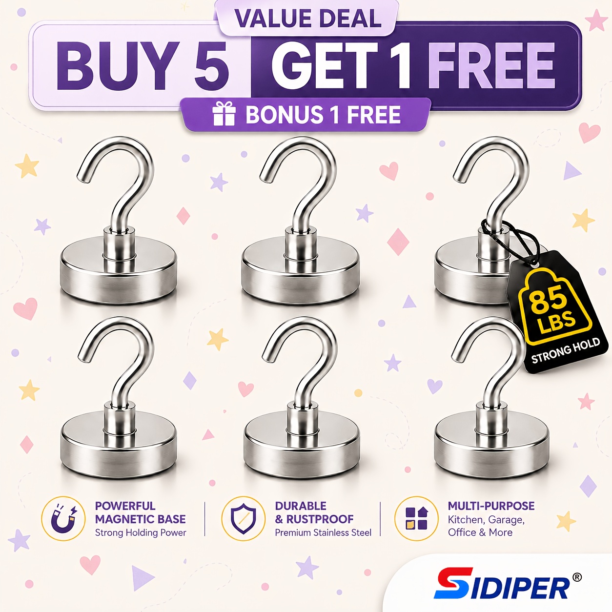 Image of Buy 5 Get 1 Free, 6pcs Magnetic Hooks, 85lb Holding Capacity, Compact Metal Hanging Hooks For Cruise Cabins, Refrigerators, Toolboxes, Kitchens, Garages, Storage, & Outdoor Camping