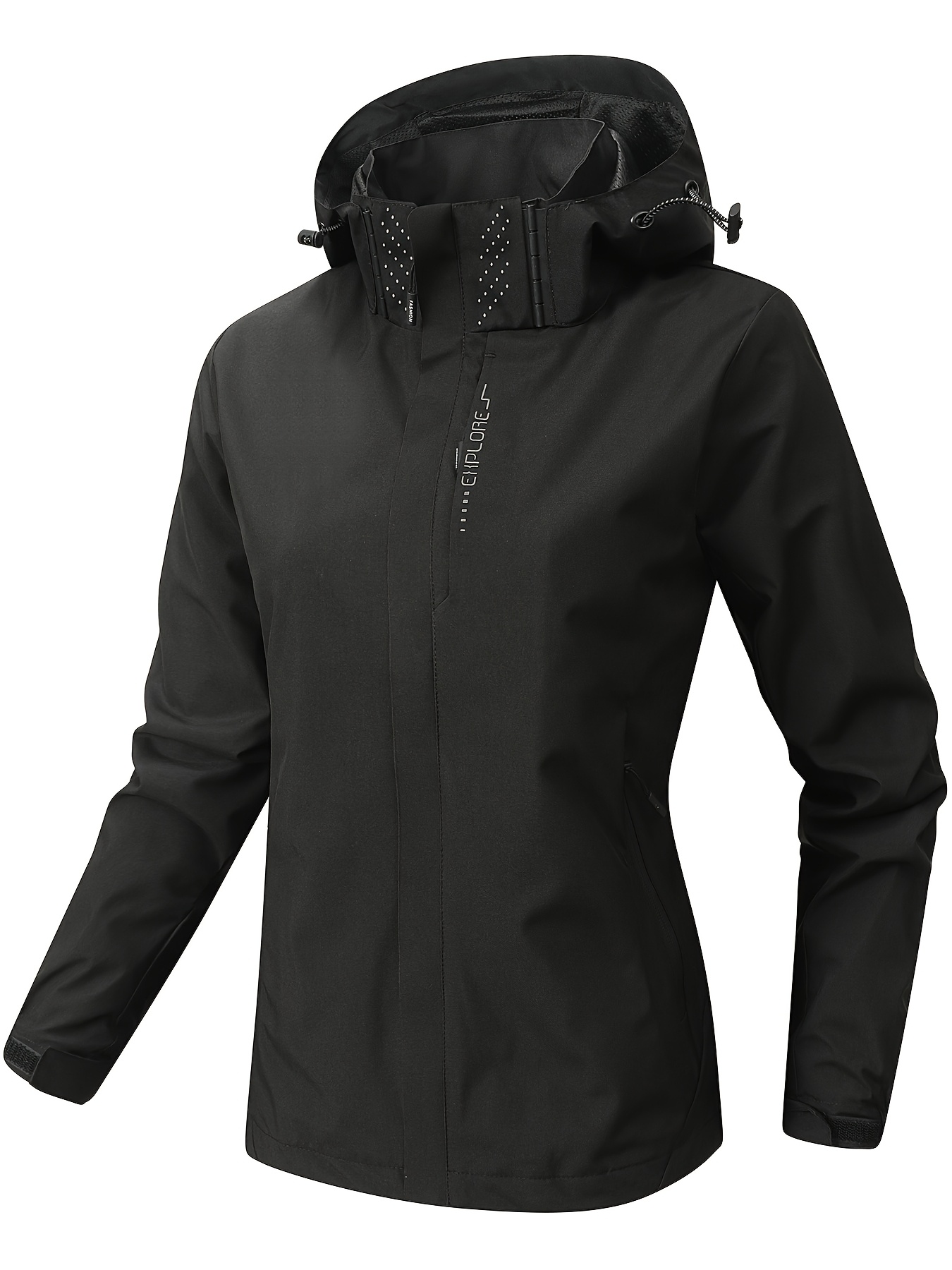 Chaqueta para mujer resistente al viento con capucha desmontable y bolsillos con cremalleras, ideal para senderismo y pesca en todas las estaciones, puños ajustables, color rosa vibrante con detalles en negro, equipo de senderismo - Imagen 10