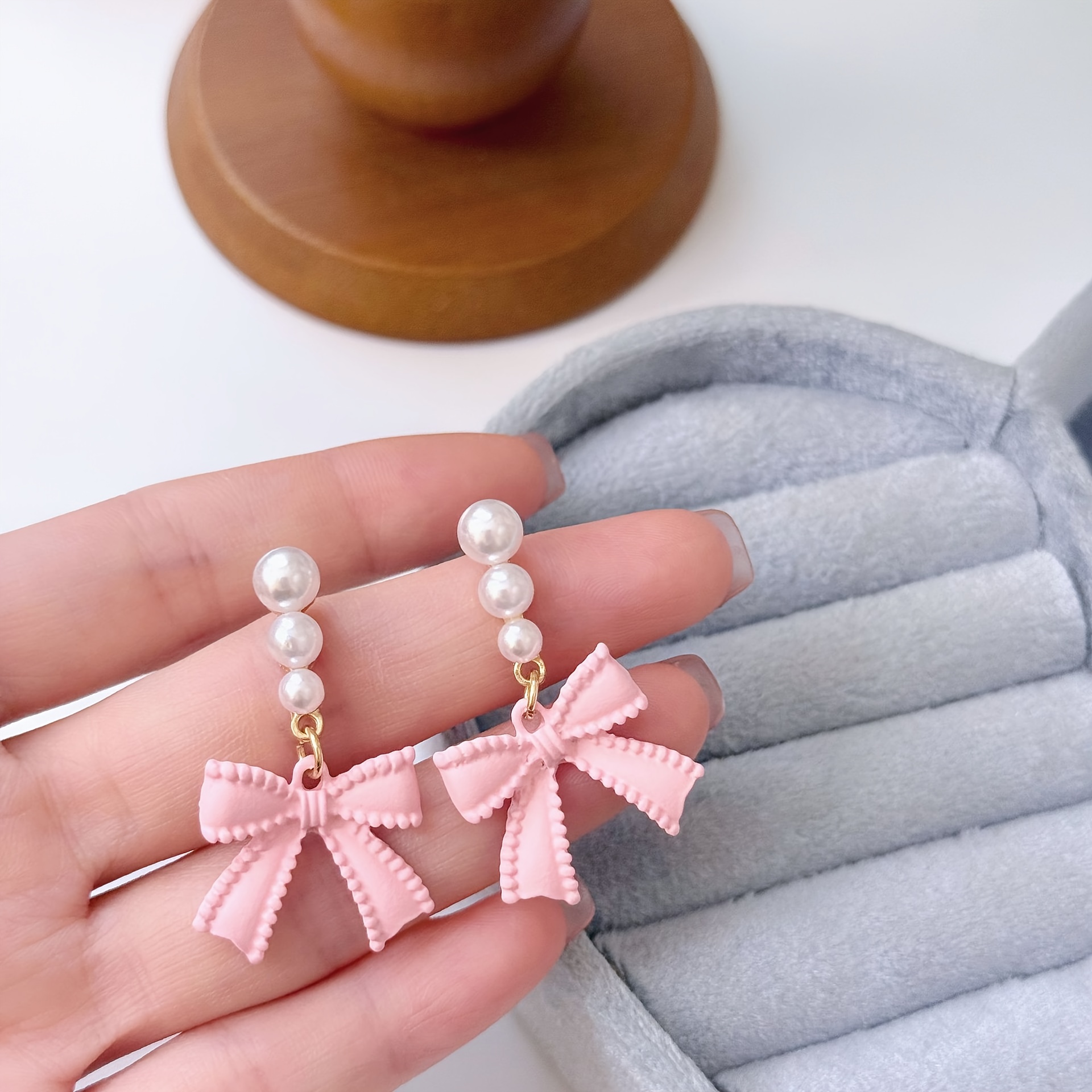 Image of Faux Pearl Beaded Bow Ear Drop, Round Beads And 3d Bow Creative Combination Macaron Pink Purple Dual-tone Sweet Daily Matching Versatile Ear Jewelry No Piercing Required