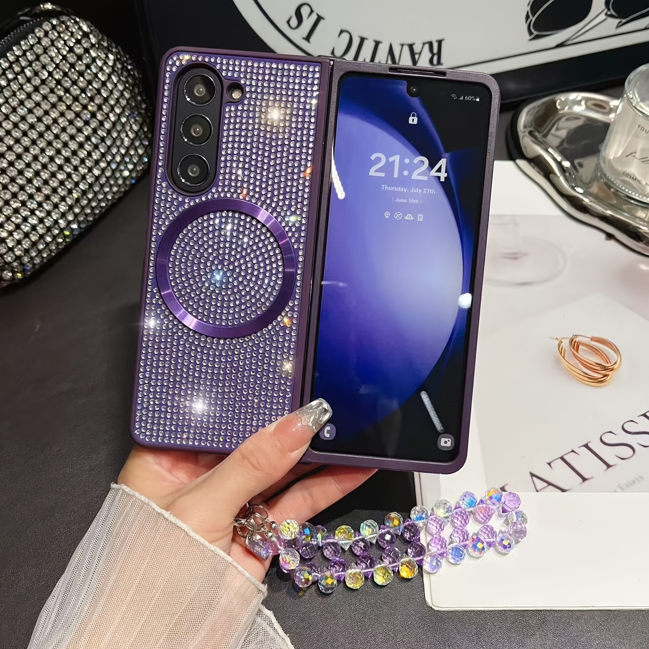 TEMU Phone Case - Fashion Phone Case For Galaxy Z Fold 7/z Fold 5/z Fold 6/z Fold 4/z Fold 3, With And Rhinestone Decoration, Phone Protector