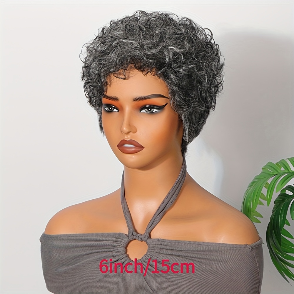 TEMU Stylish Layered Short Cut Salt And Pepper Human Hair Wig For Women - Human Hair Loose Curly 6" 180% Density Mixed Color Machine-made Wig For Holiday & Party Wear, All , Curls, Natural Look,
