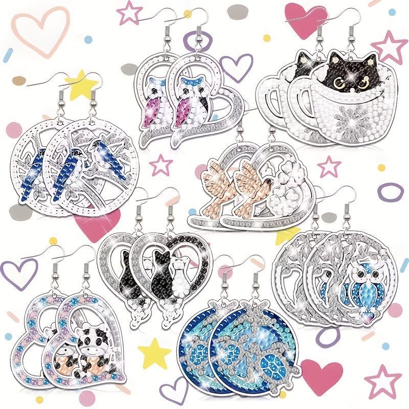 8 Pair Diamond Painting Earrings Kit, Owl & Cat Designs