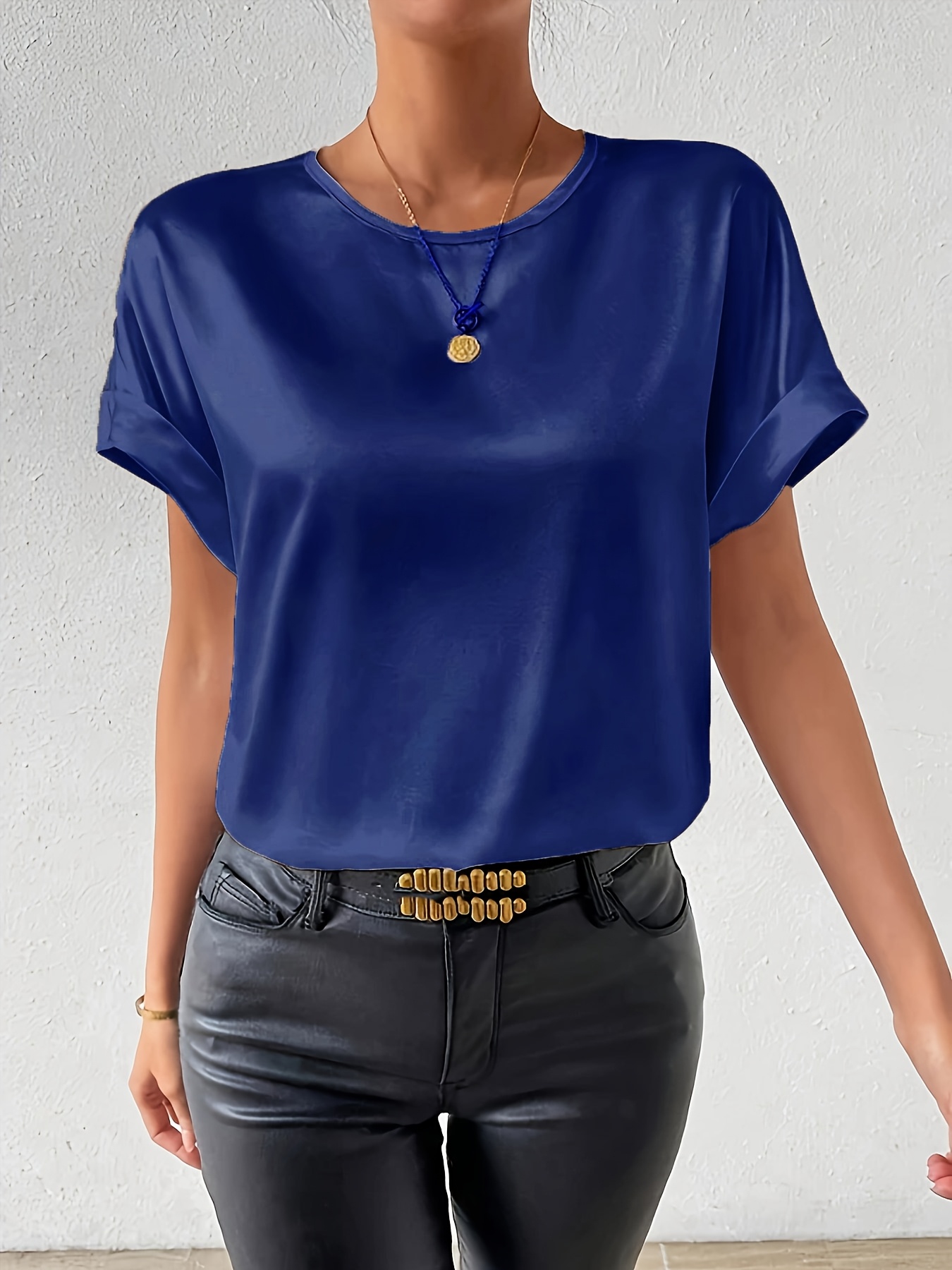 Women'S Plus Size Light Blue Woven Blouse - Elegant Short Sleeve Crew Neck, Solid Color, Non-Stretch Fabric, Perfect for Summer, Casual Summer Wear|Sleek Fitted Look|Nonstretch Material, Plus Size Blouses