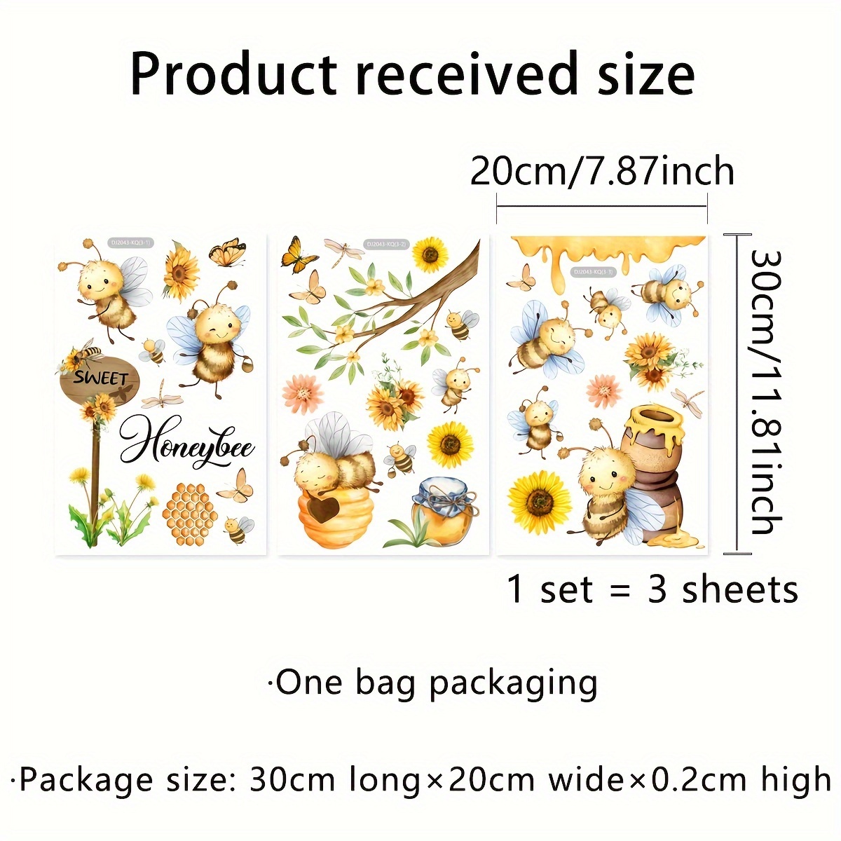 Image of A Set Of 3pcs, 20*30cm Each, 3pcs Spring Decoration Small Bee Honey Jar Sunflower Static Cling Window Decals Glass Stickers