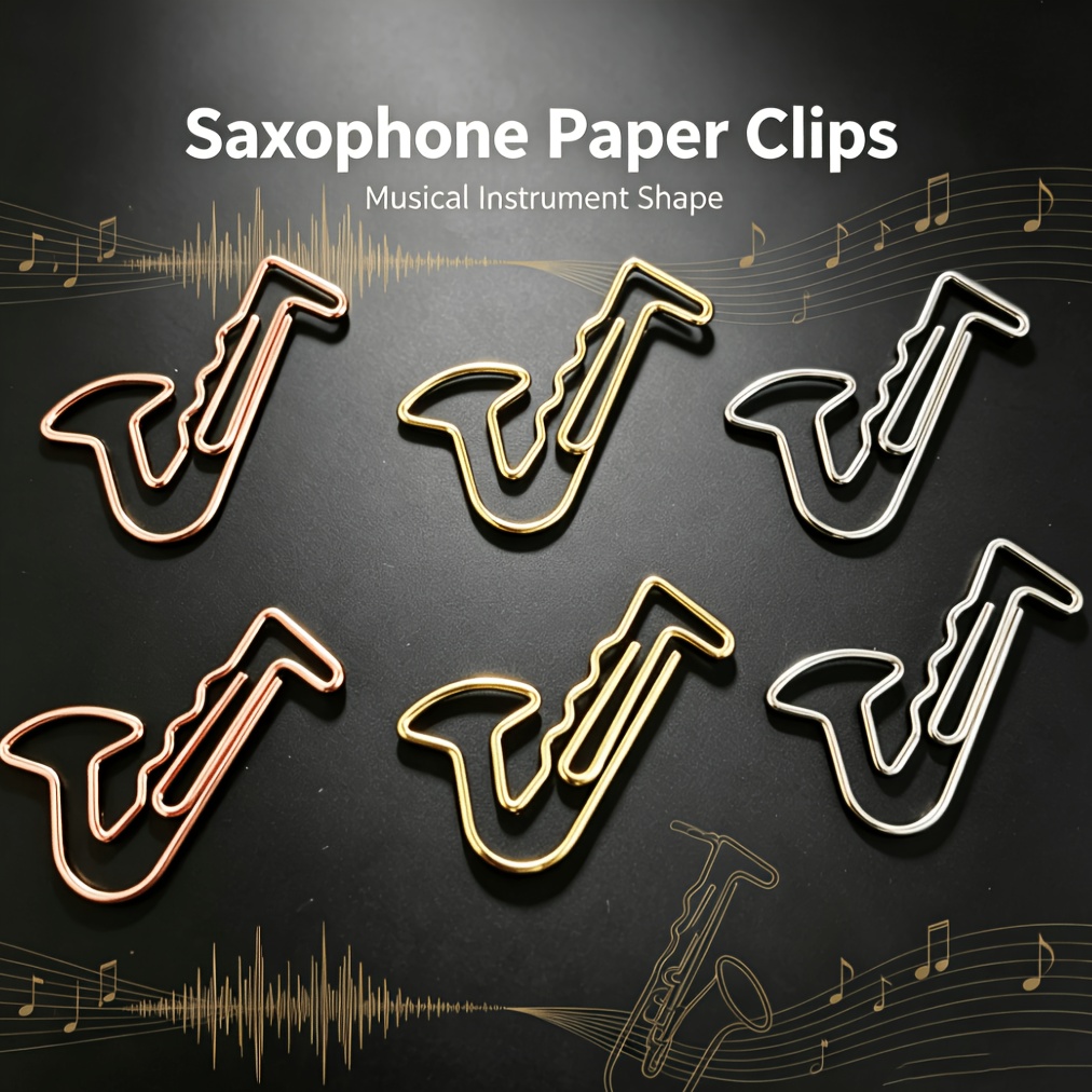 Image of 30pcs Saxophone Shaped Paper Clips, Assorted Colors - Durable Metal Office Supplies For Stationery, Weddings & Gifts