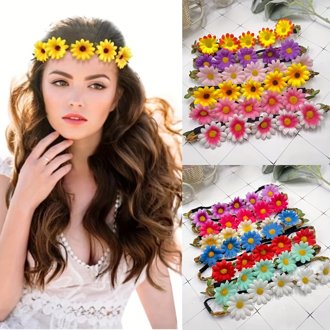 

12pcs Boho Chic Elastic Headbands With Colorful Fabric Flowers - Stylish Hair Accessories For Parties, Beach , And Festive Celebrations - Perfect Bridal & Photo Prop