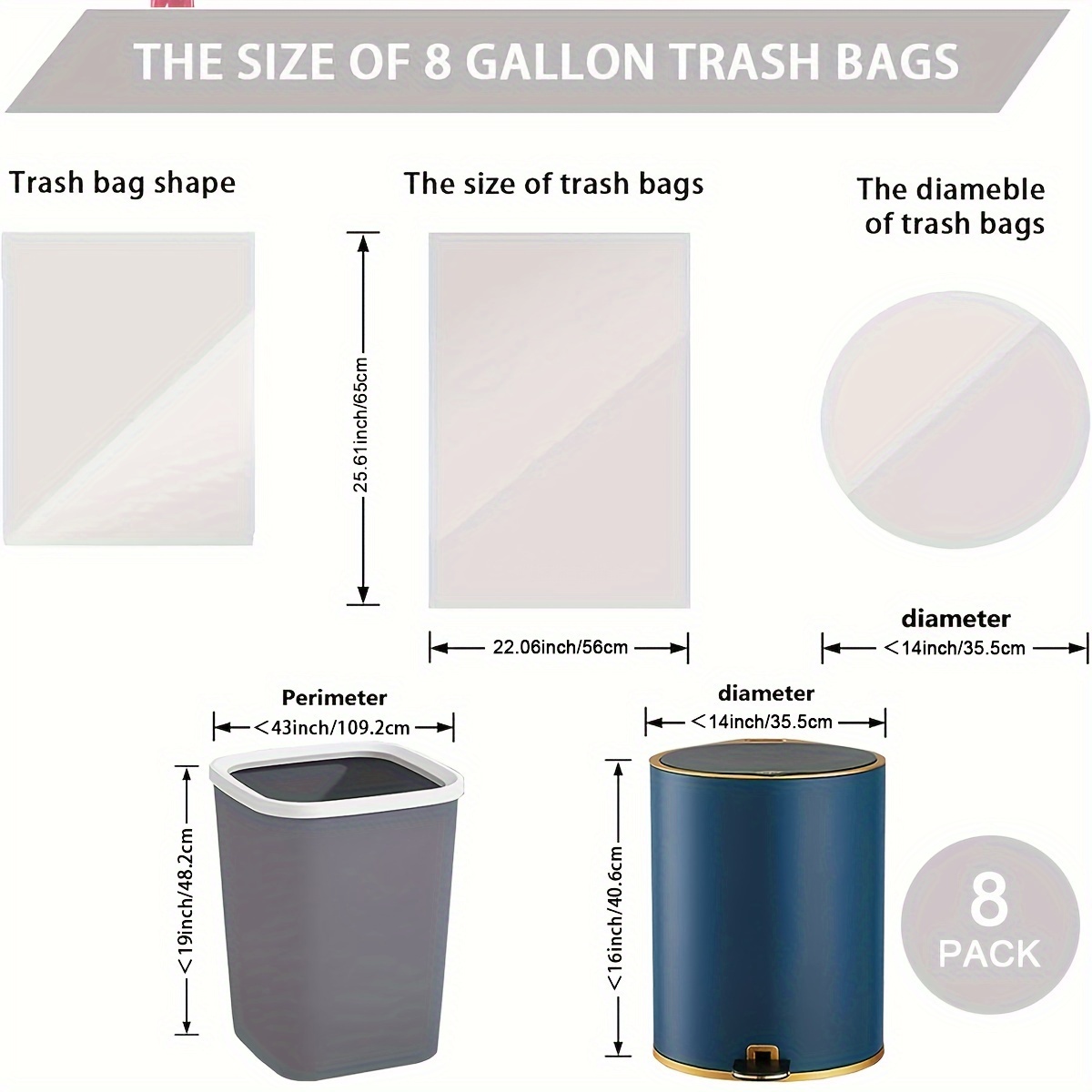 TEMU 8pcs White/black 8 Gallon Plastic Trash Bags 120 Count Black Drawstring Thick Garbage Bags For Office Kitchen Home, Dining .06'' X 25.61''