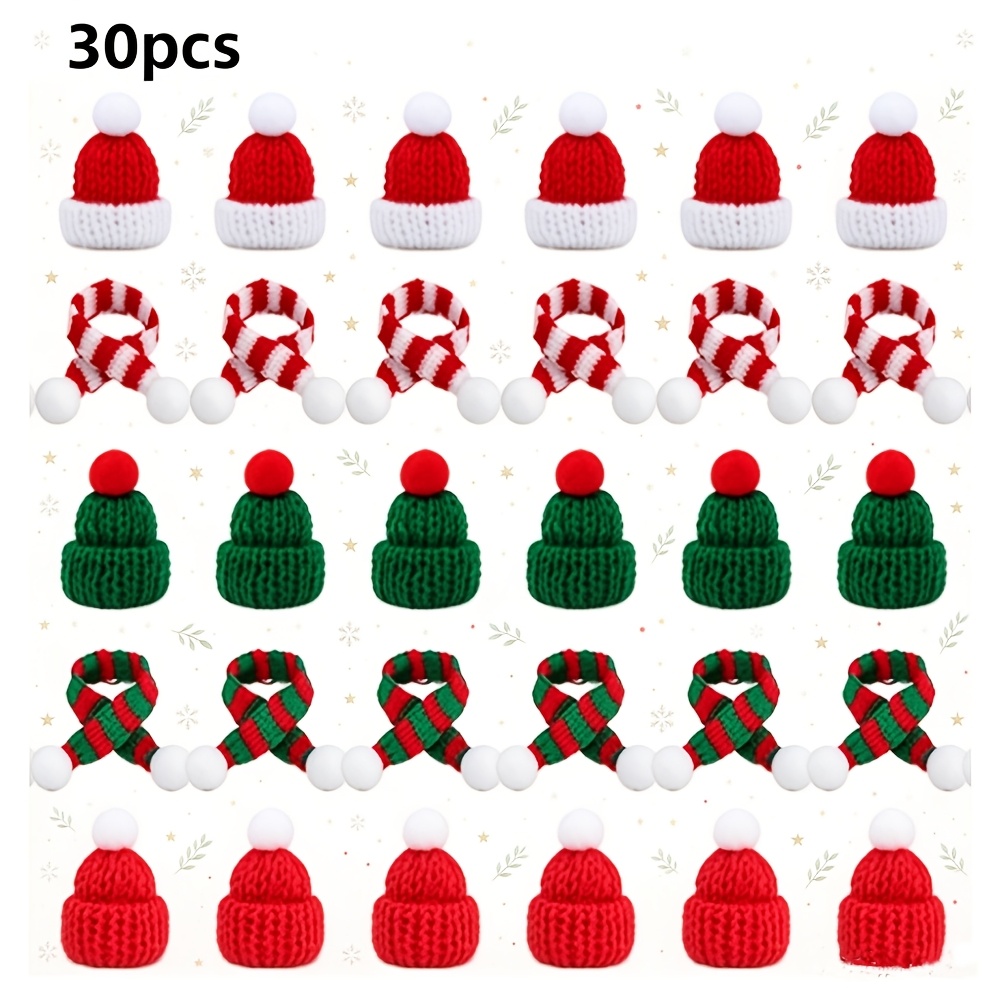 TEMU Ensemble de décoration de Noël miniatures 30 pièces : chapeaux tricotés et écharpes, décoration de fête de Noël, de chapeaux et écharpes