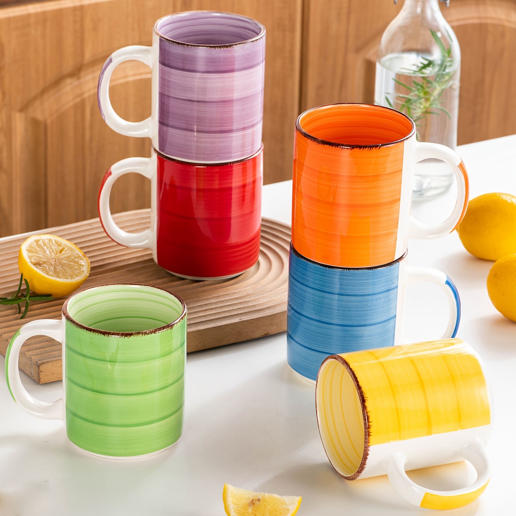 E-shop Tassen-Set, 6-teilig, 480 ml Kaffee- Trinktasse aus Steinzeug, große Tassen für Heißgetränke, mikrowellen- & spülmaschinenfeste Teetassen, , Rot