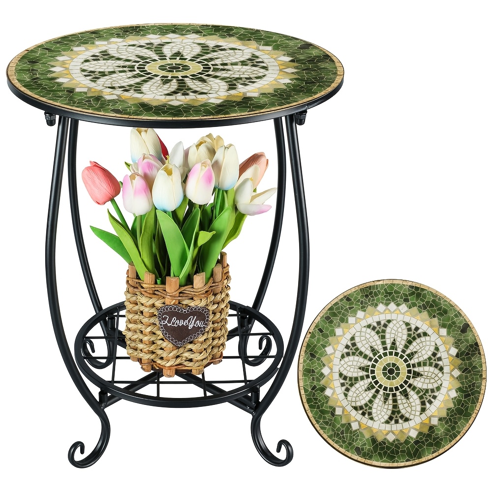 TEMU 1 pièce Petite table d'appoint ronde en métal à 2 niveaux, support de plante en fer, motif rétro mosaïque floral géométrique, table d'appoint
