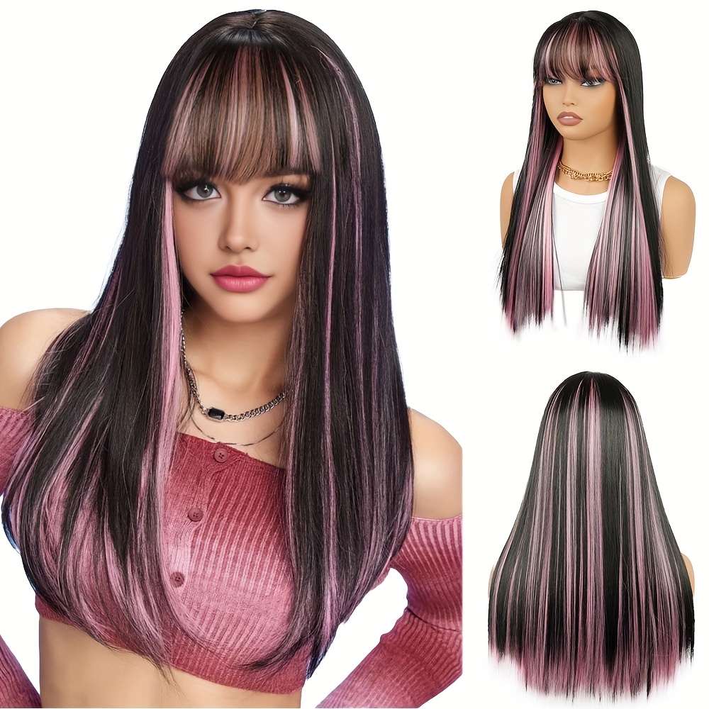 Image of Long Straight Wig With Bangs - High-temperature Fiber, High Density , Elegant Women's Wig For Parties, Cosplay & Everyday