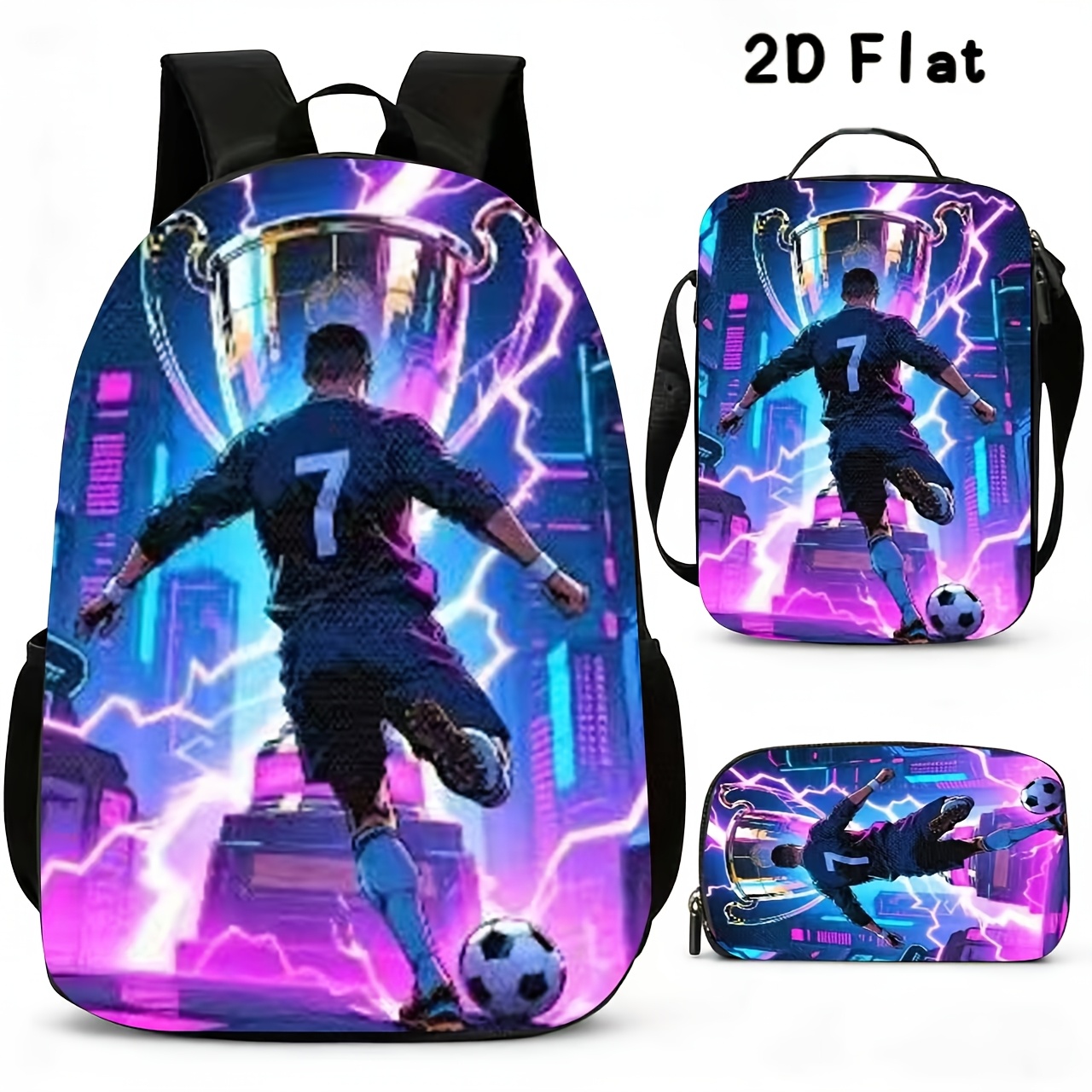 TEMU Ensemble de sac à dos unisexe grande 3 pièces, style de football, motif d'impression 2D, bretelles réglables, fermeture à glissière, ensemble