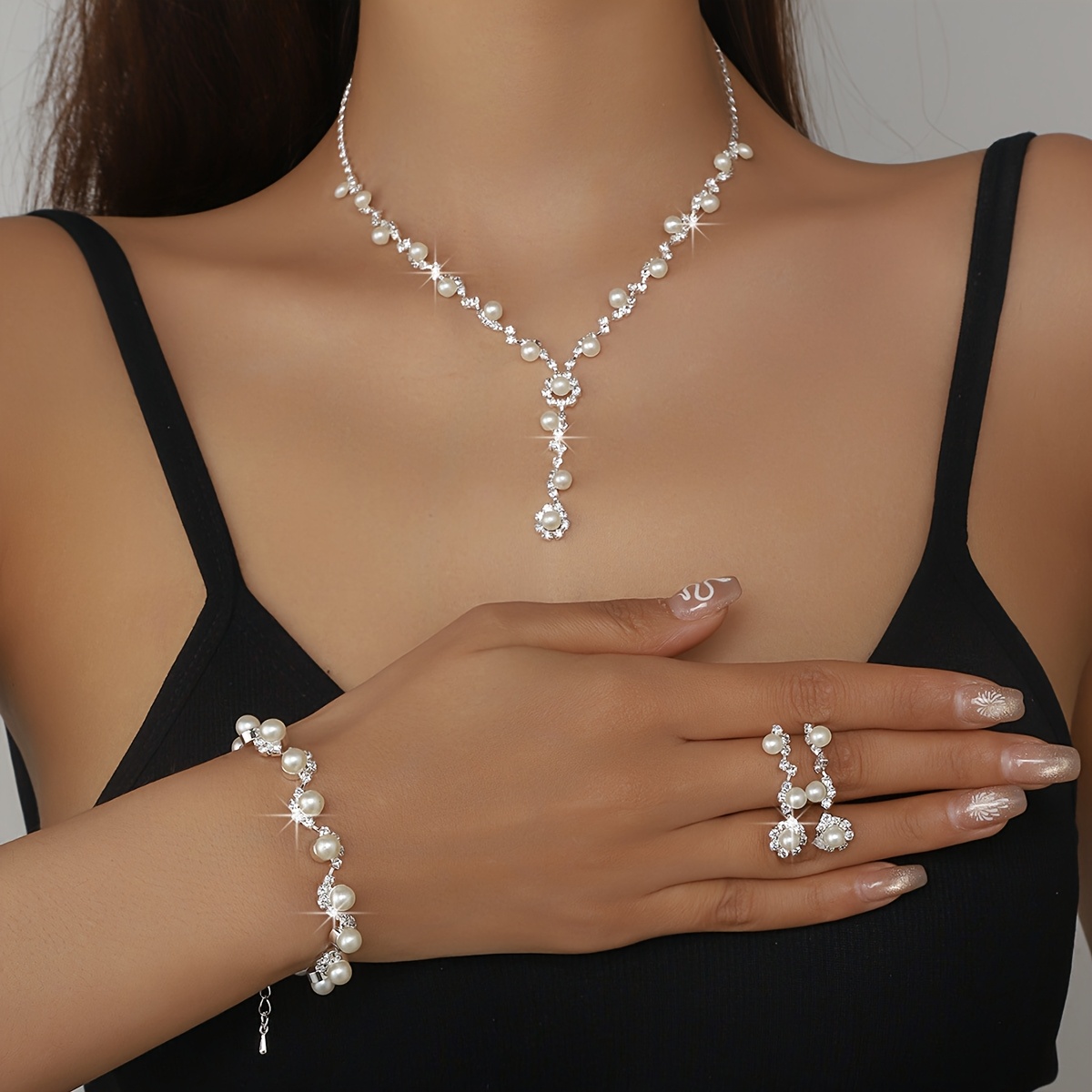 TEMU Elegant Vintage-inspired Pearl Jewelry Set - -necklace, Bracelet & Earrings Trio - Ideal For & Date Nights - Perfect Women's Gift, Ladies Jewelr