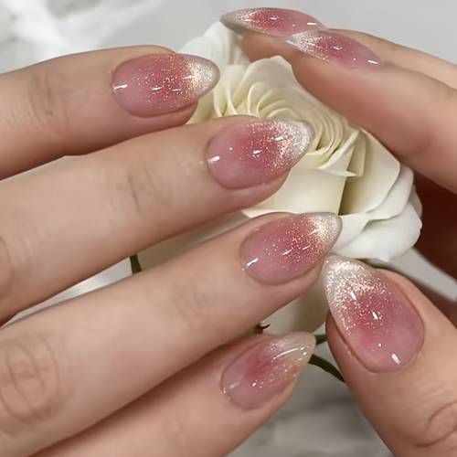 30pcs short almond shaped press on nails glossy french style flashing cat eye nails reusable artificial nails for women