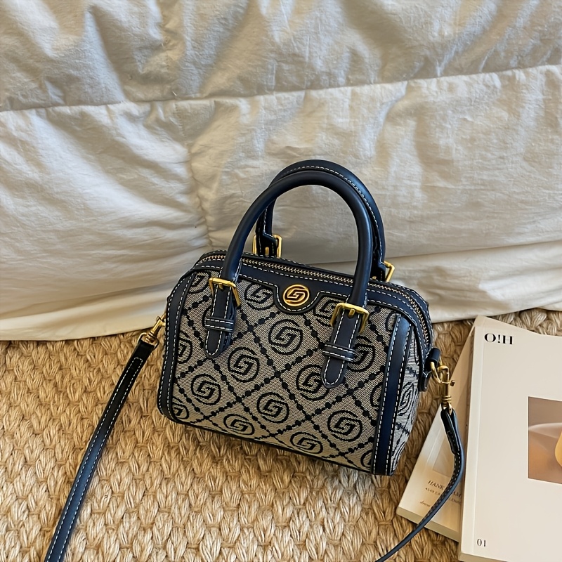 E-shop Luxus Boston Damen Retro Blaue Kissen-Tasche - 2025 Neues Design mit Goldfarbenen Beschlägen, Verstellbarem Gurt & Reißverschluss, Besticktem