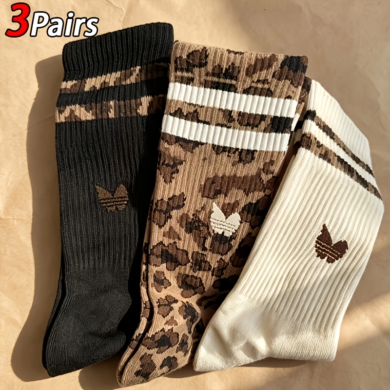 TEMU 3 Pairs Mid-calf Socks - Leopard Print With Double Stripes, Trendy Letter Socks For Men And Women, Breathable Comfortable Athletic Socks